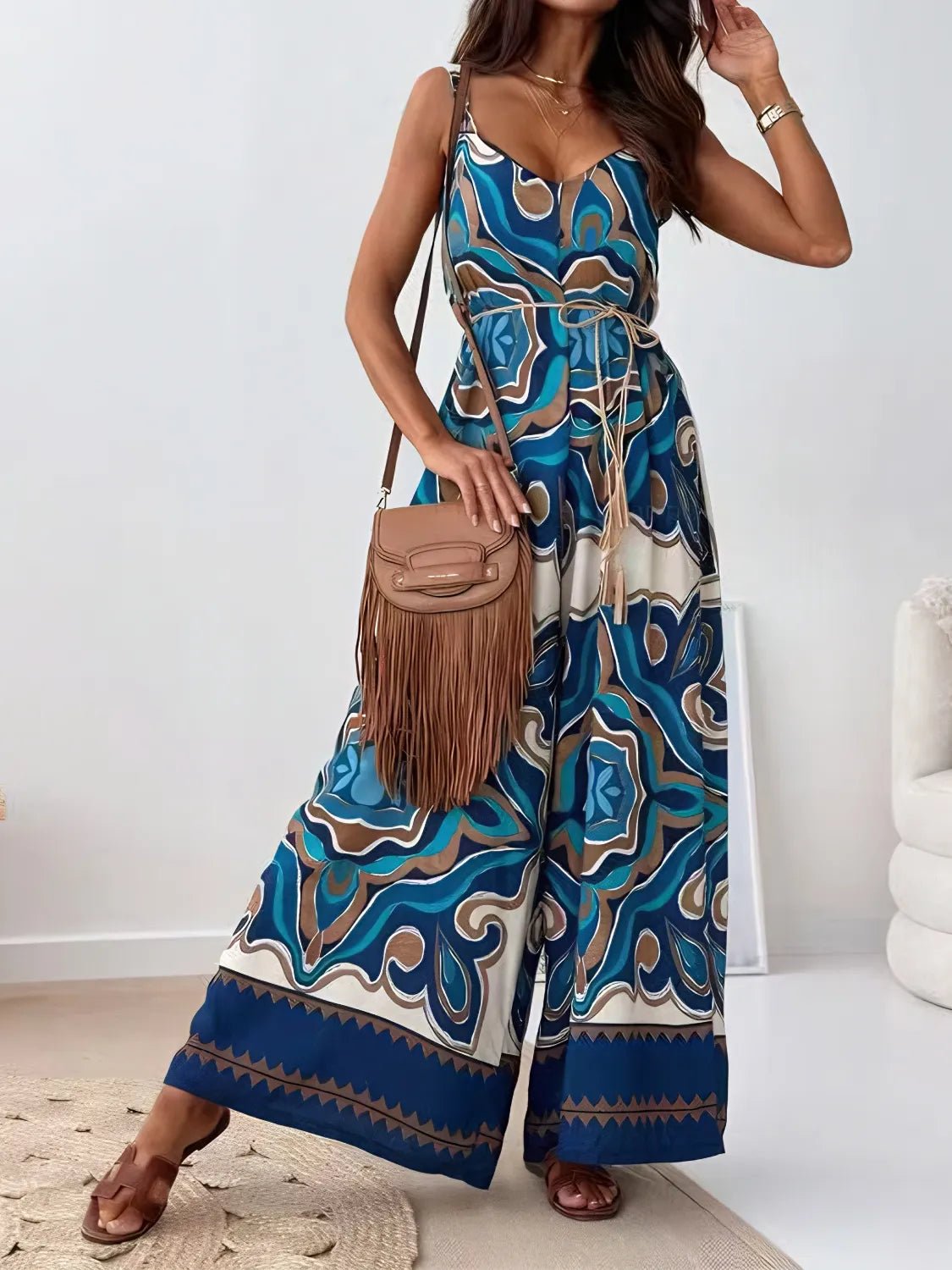 Printed V - Neck Wide Leg Jumpsuit - MAD RUFFI