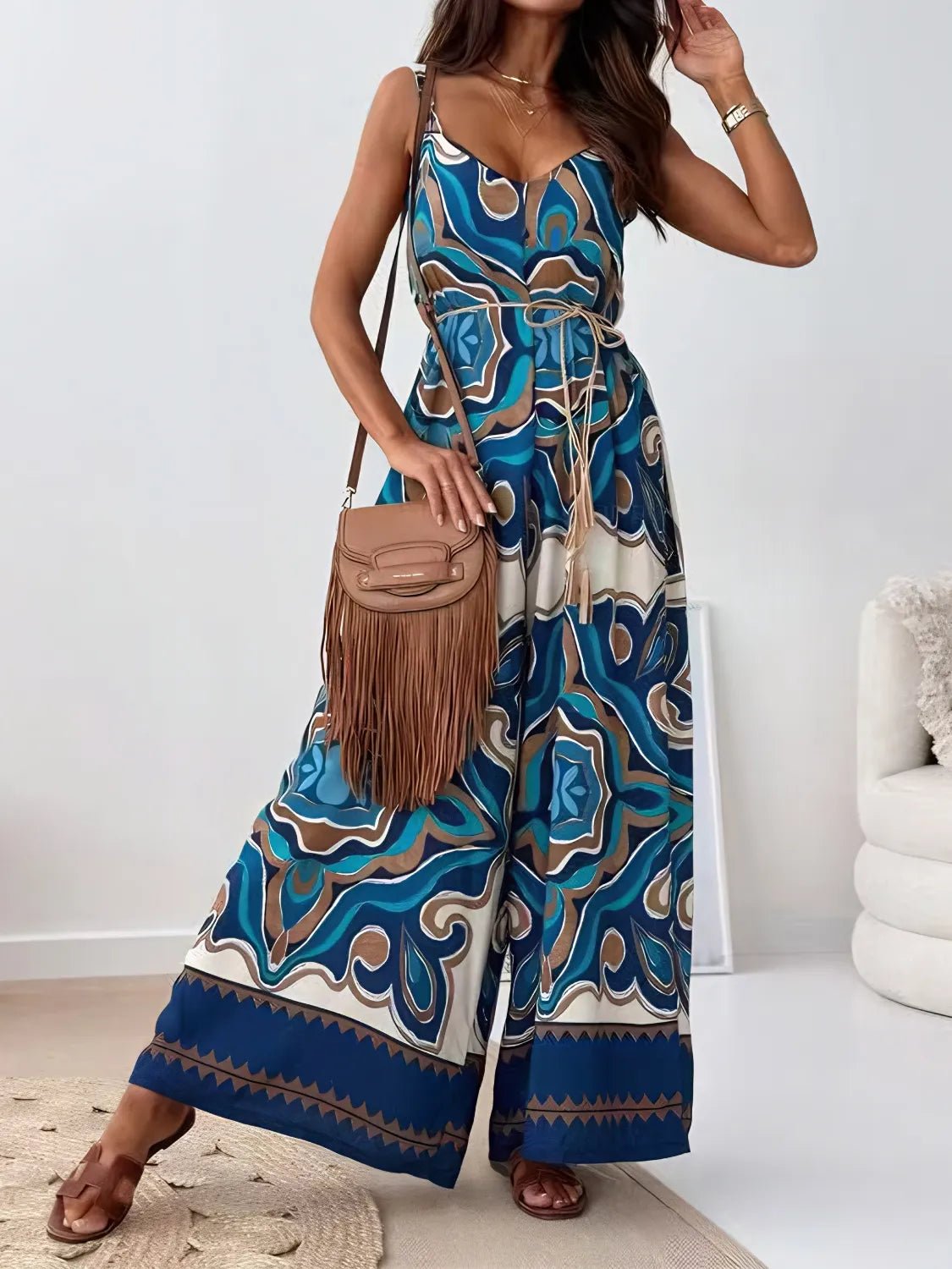Printed V - Neck Wide Leg Jumpsuit - MAD RUFFI