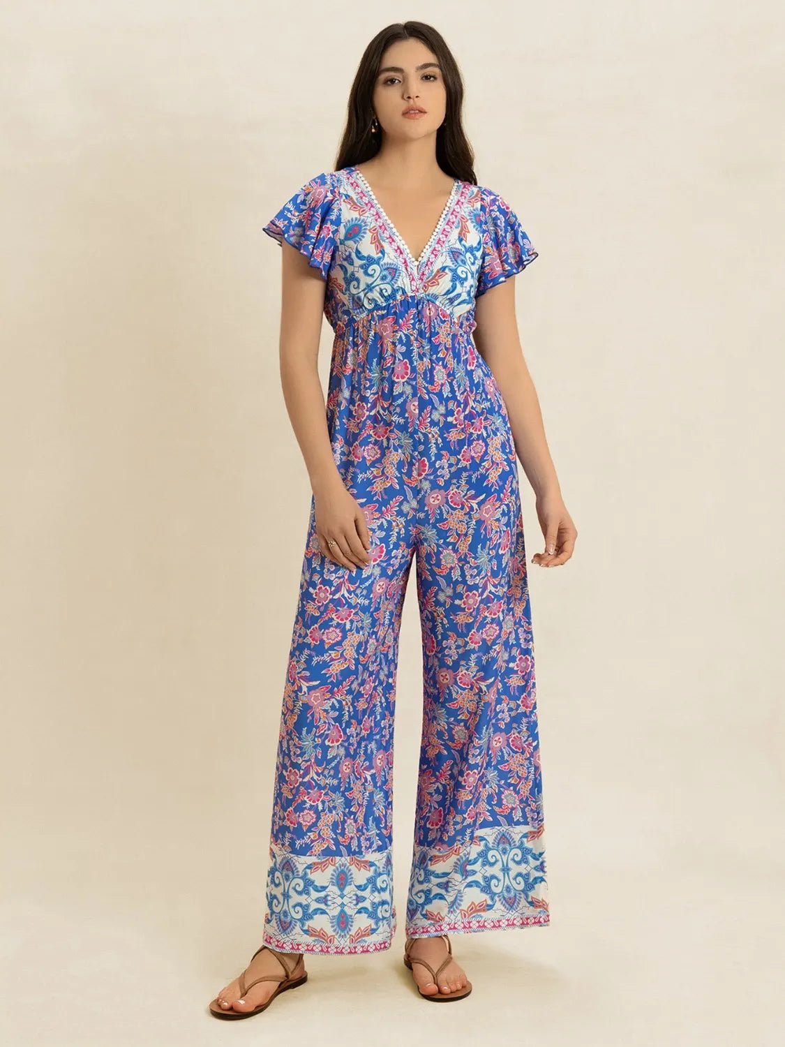 Printed V - Neck Wide Leg Jumpsuit - MAD RUFFI