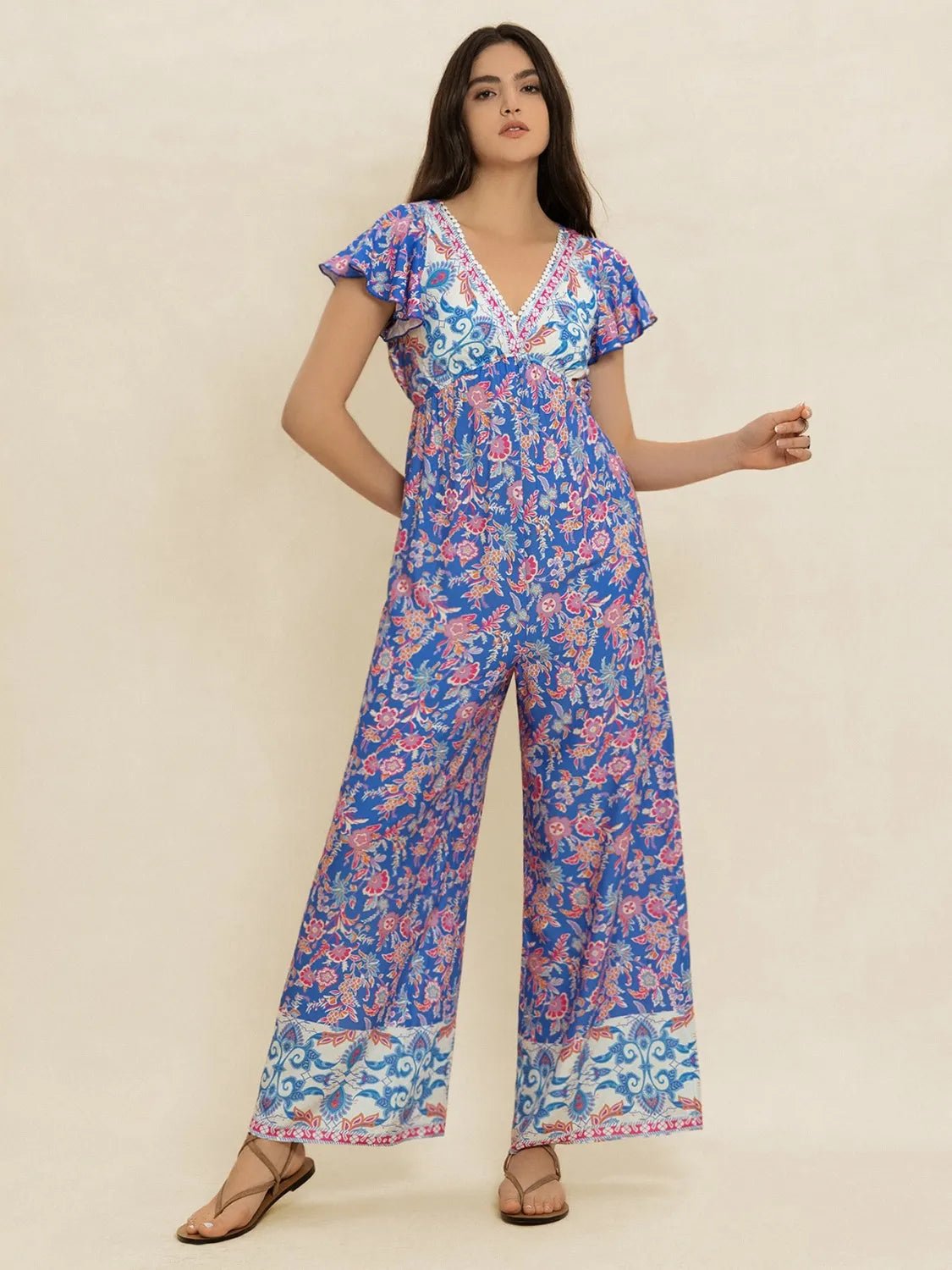 Printed V - Neck Wide Leg Jumpsuit - MAD RUFFI