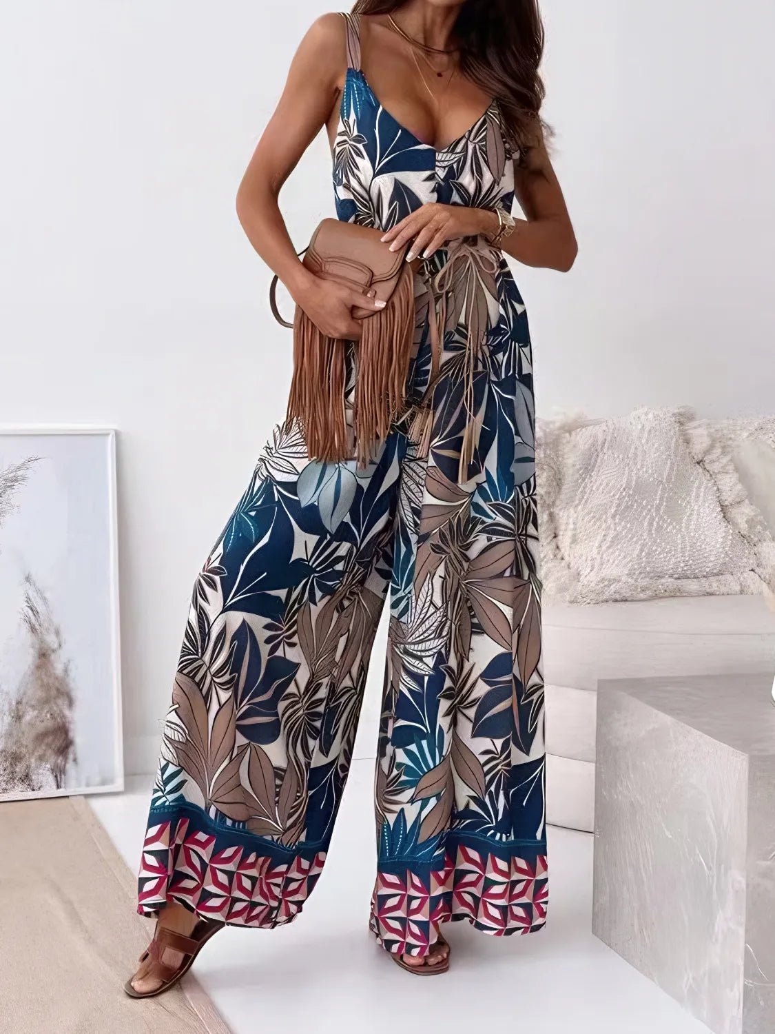 Printed V - Neck Wide Leg Jumpsuit - MAD RUFFI