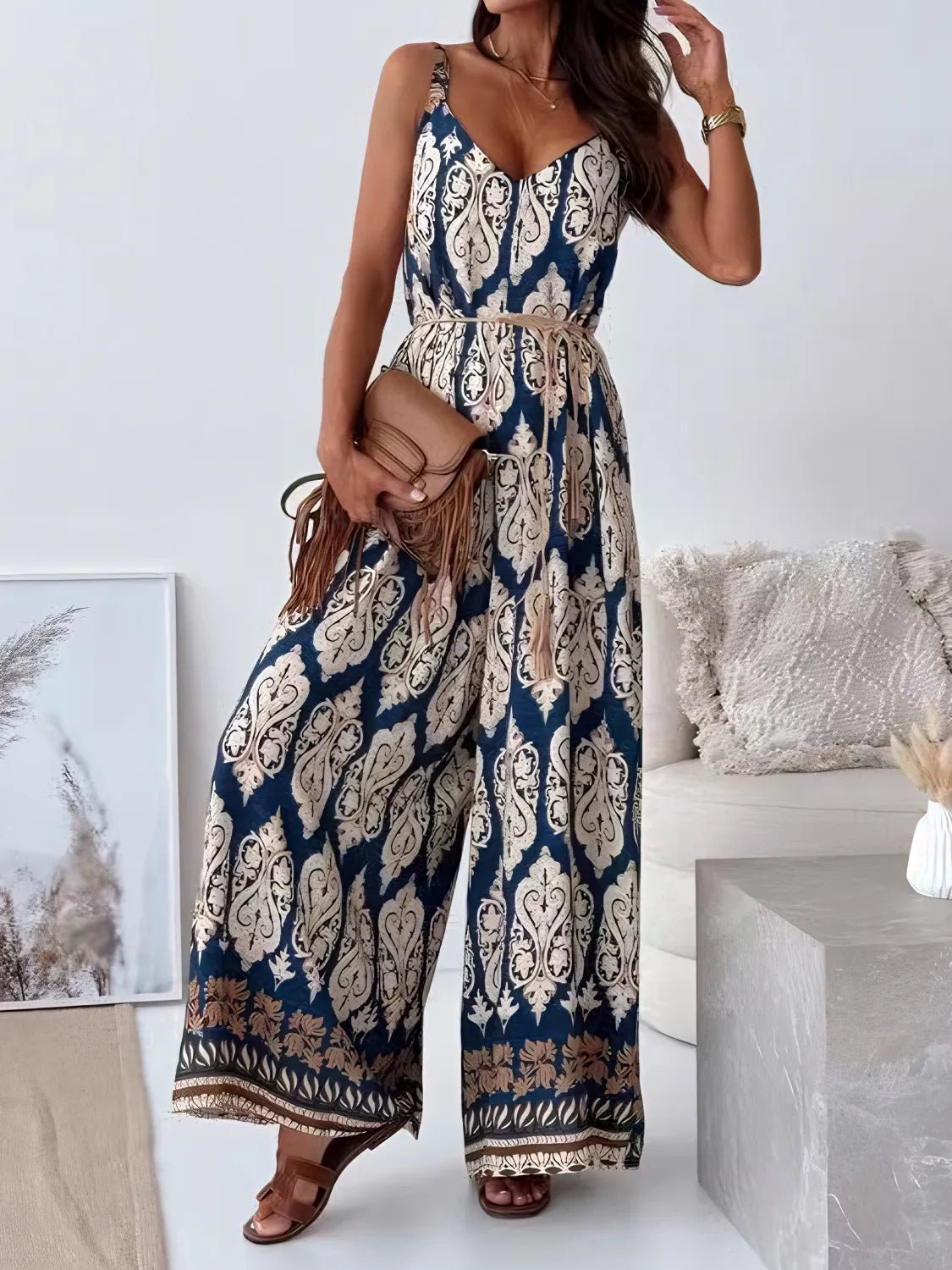Printed V - Neck Wide Leg Jumpsuit - MAD RUFFI