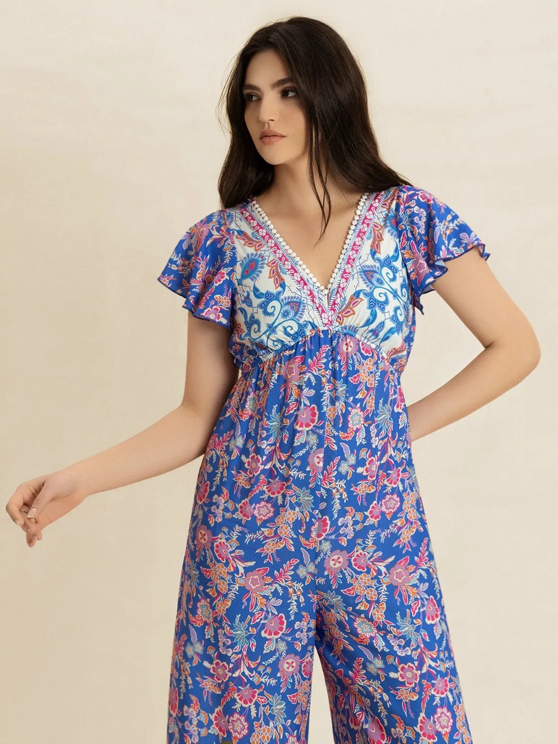 Printed V - Neck Wide Leg Jumpsuit - MAD RUFFI