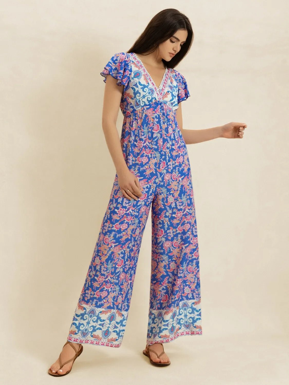 Printed V - Neck Wide Leg Jumpsuit - MAD RUFFI
