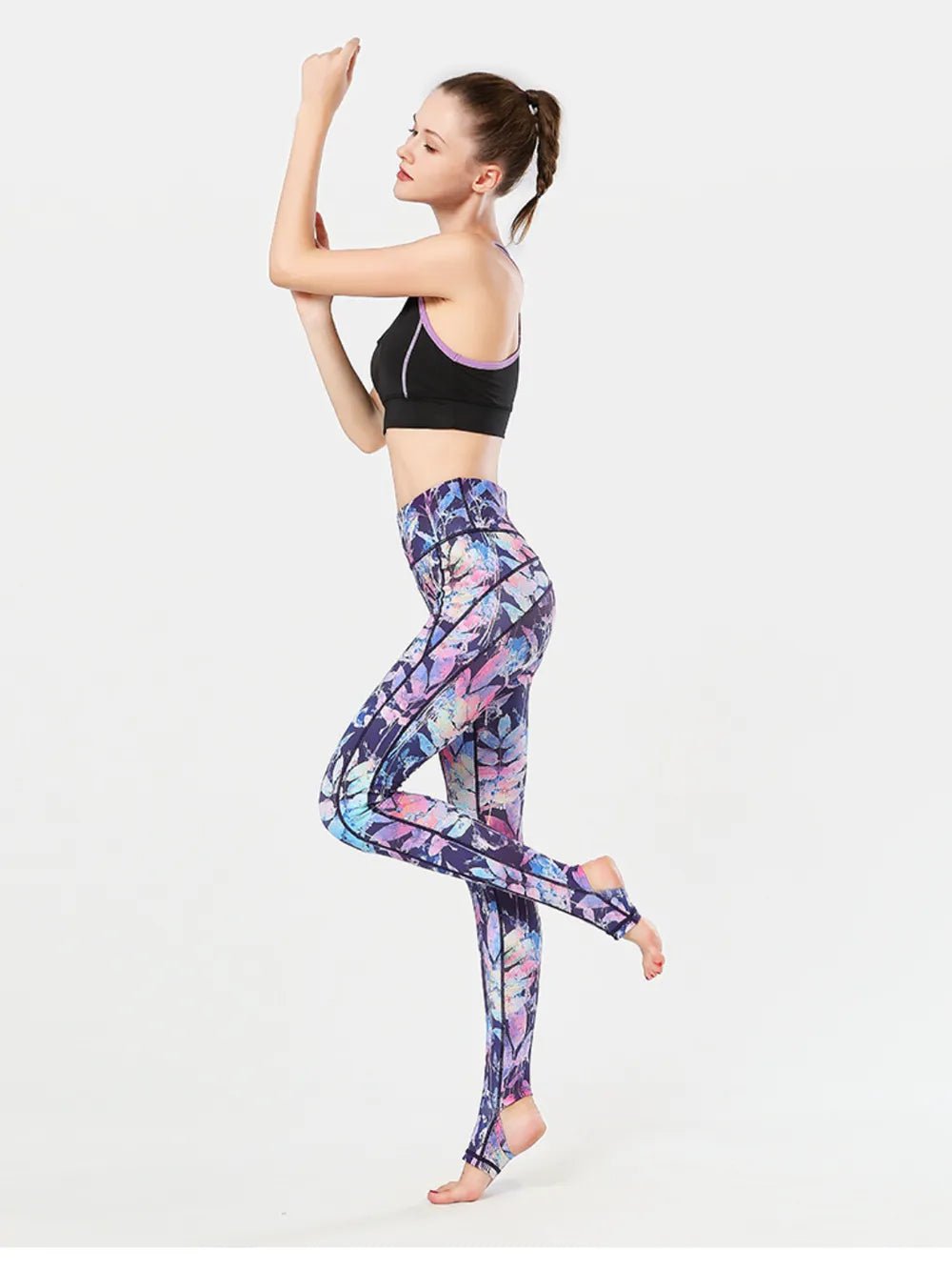 Printed Wide Waistband Active Leggings with Stirrups - MAD RUFFI