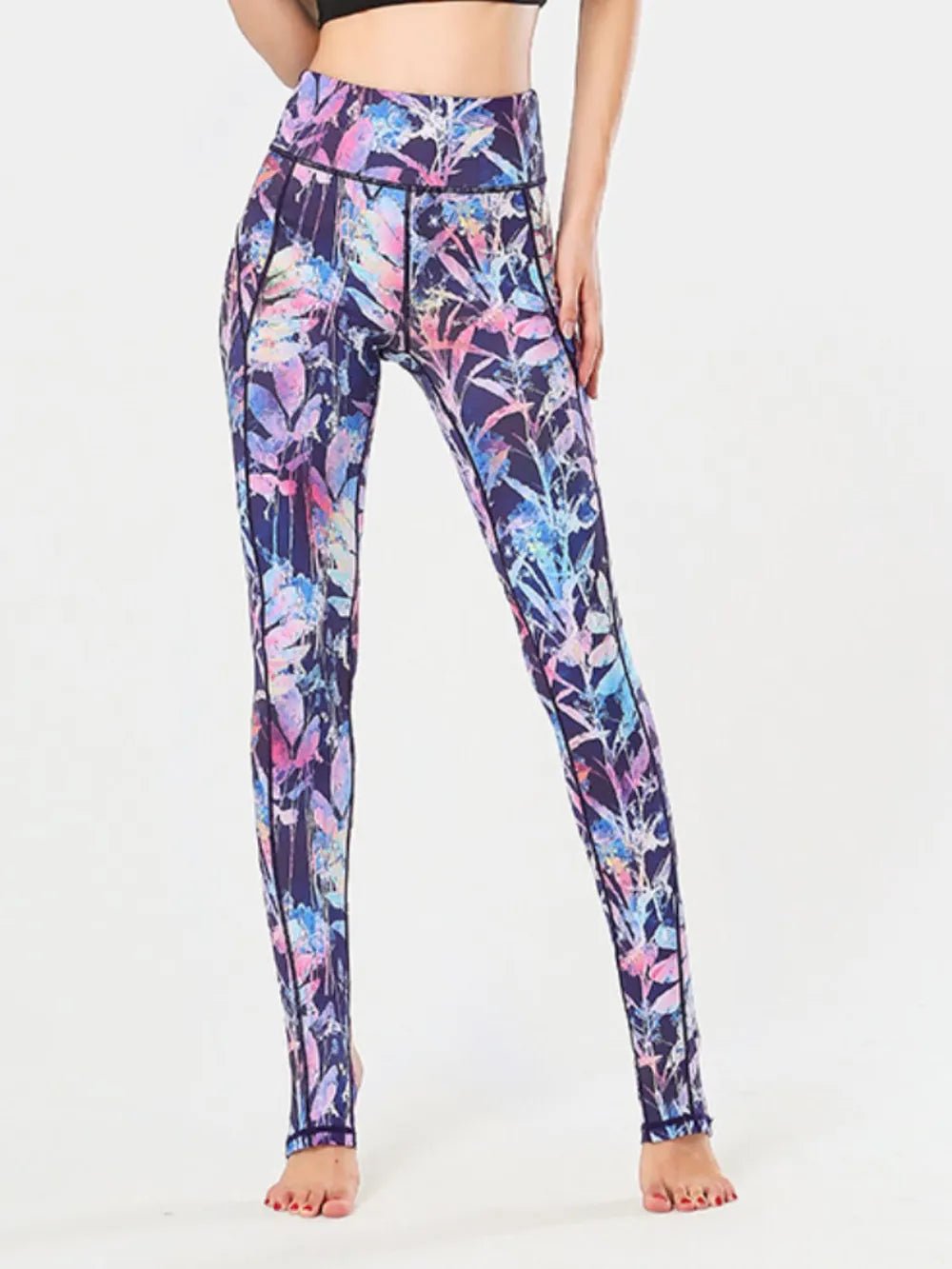 Printed Wide Waistband Active Leggings with Stirrups - MAD RUFFI