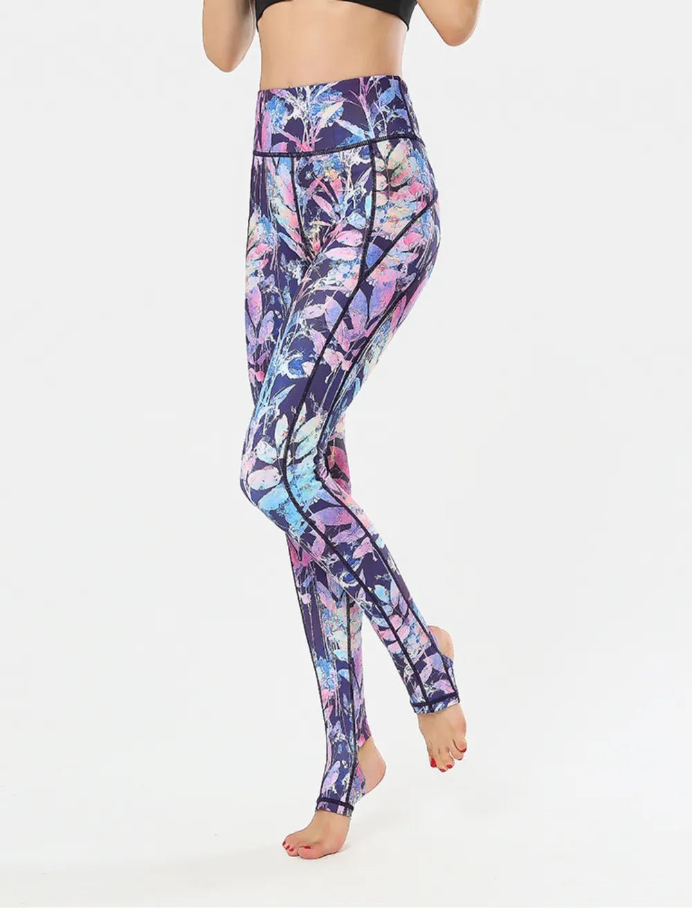 Printed Wide Waistband Active Leggings with Stirrups - MAD RUFFI