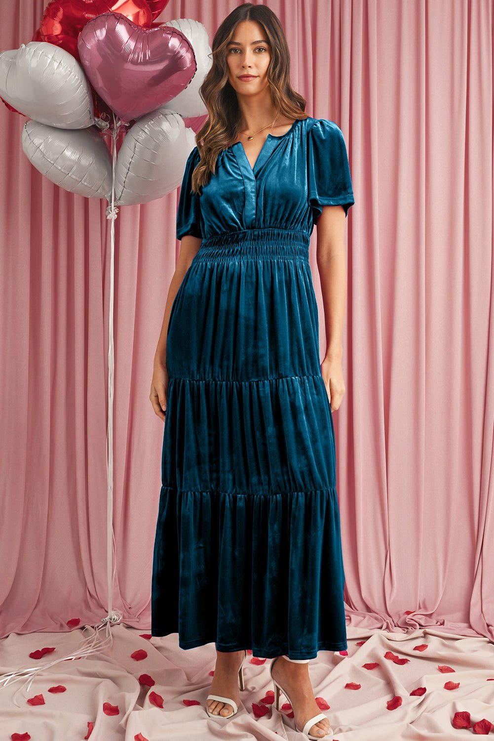 Prussian Blue Velvet Short Sleeve Shirred Waist Tiered Maxi Dress - MAD RUFFI