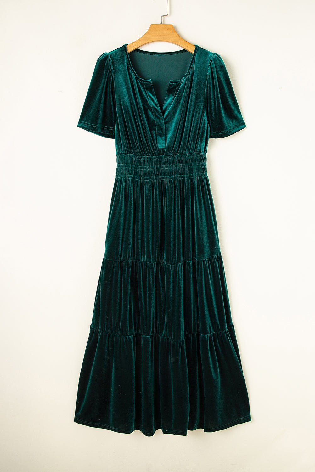 Prussian Blue Velvet Short Sleeve Shirred Waist Tiered Maxi Dress - MAD RUFFI