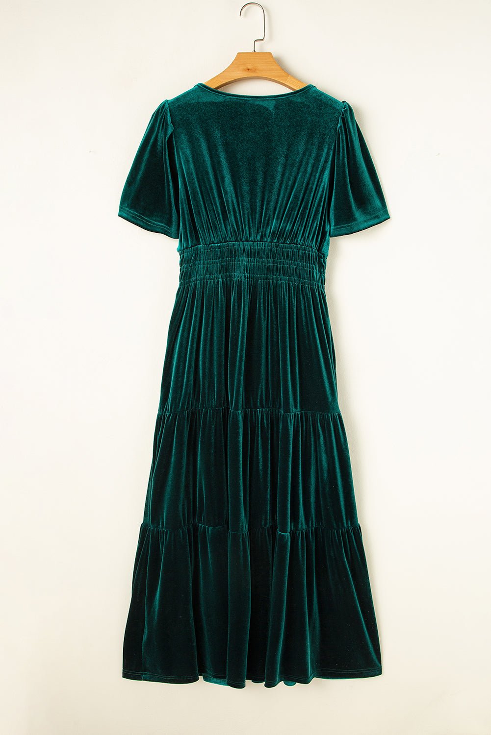 Prussian Blue Velvet Short Sleeve Shirred Waist Tiered Maxi Dress - MAD RUFFI