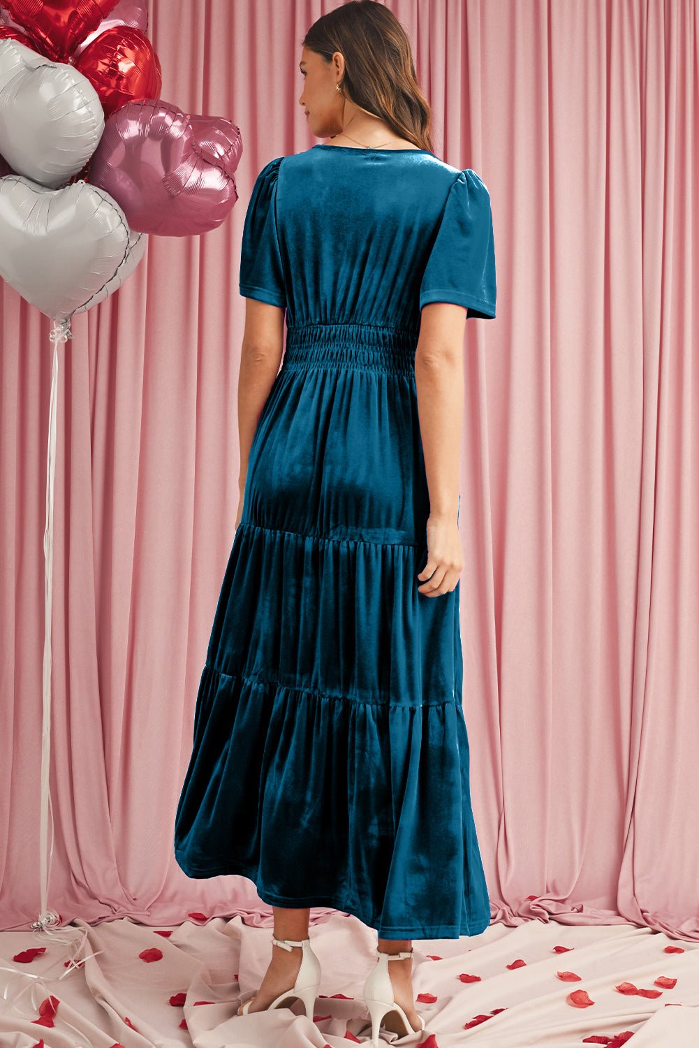 Prussian Blue Velvet Short Sleeve Shirred Waist Tiered Maxi Dress - MAD RUFFI