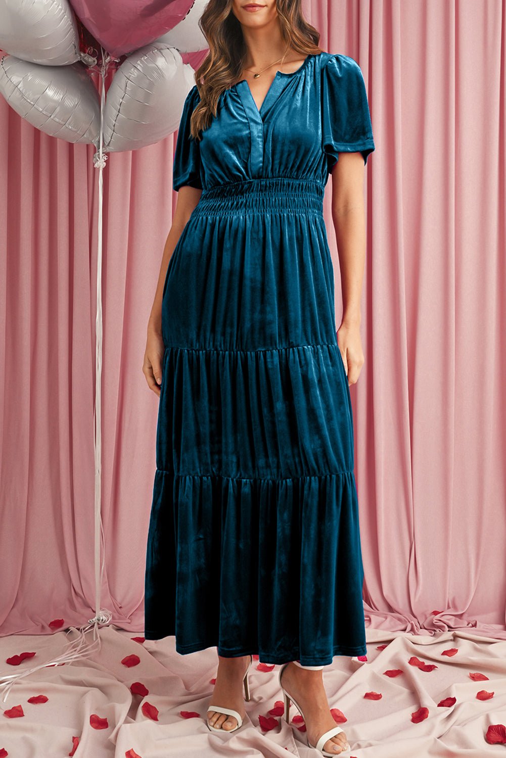 Prussian Blue Velvet Short Sleeve Shirred Waist Tiered Maxi Dress - MAD RUFFI