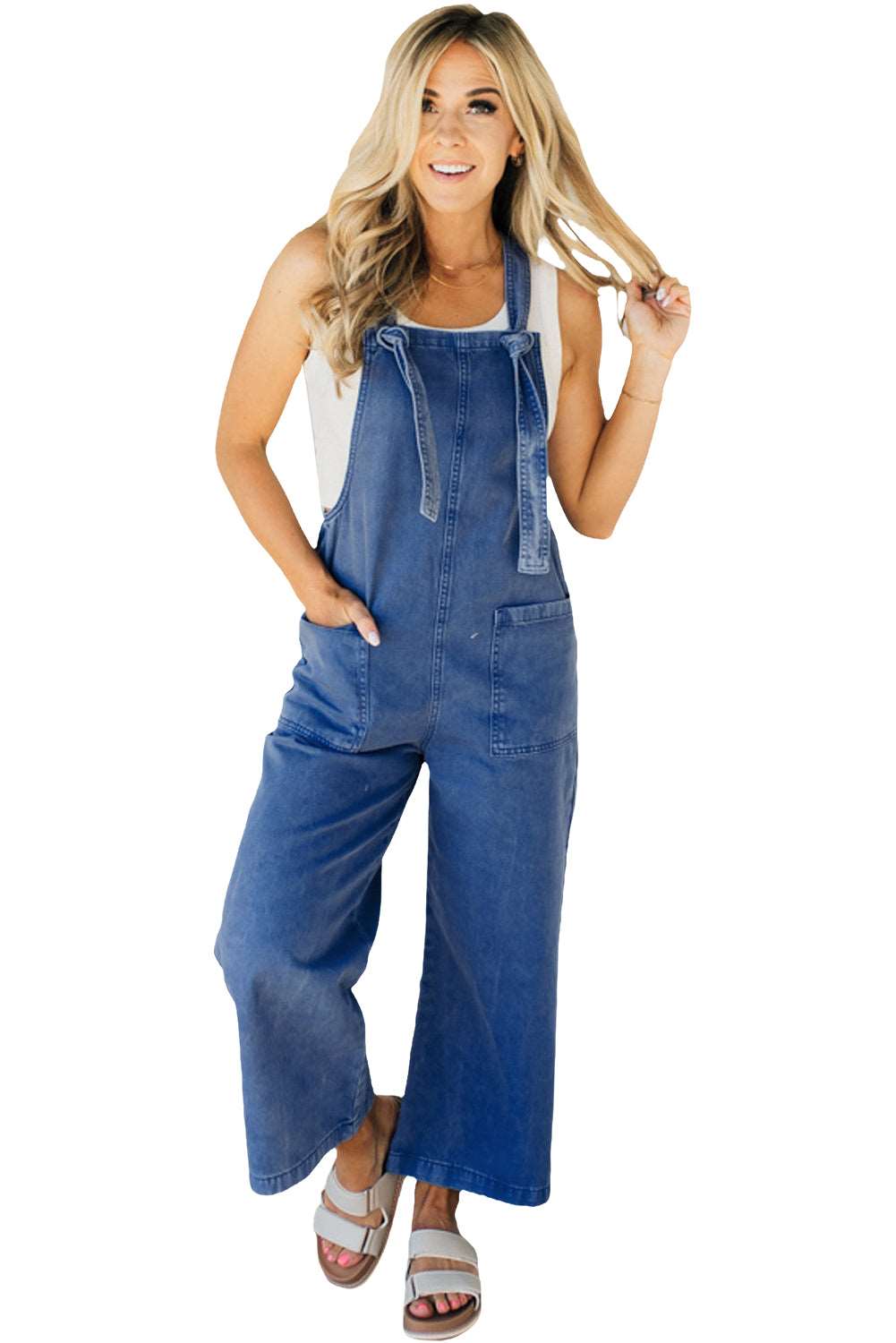 Prussian Blue Wide Leg Denim Jumpsuit - MAD RUFFI