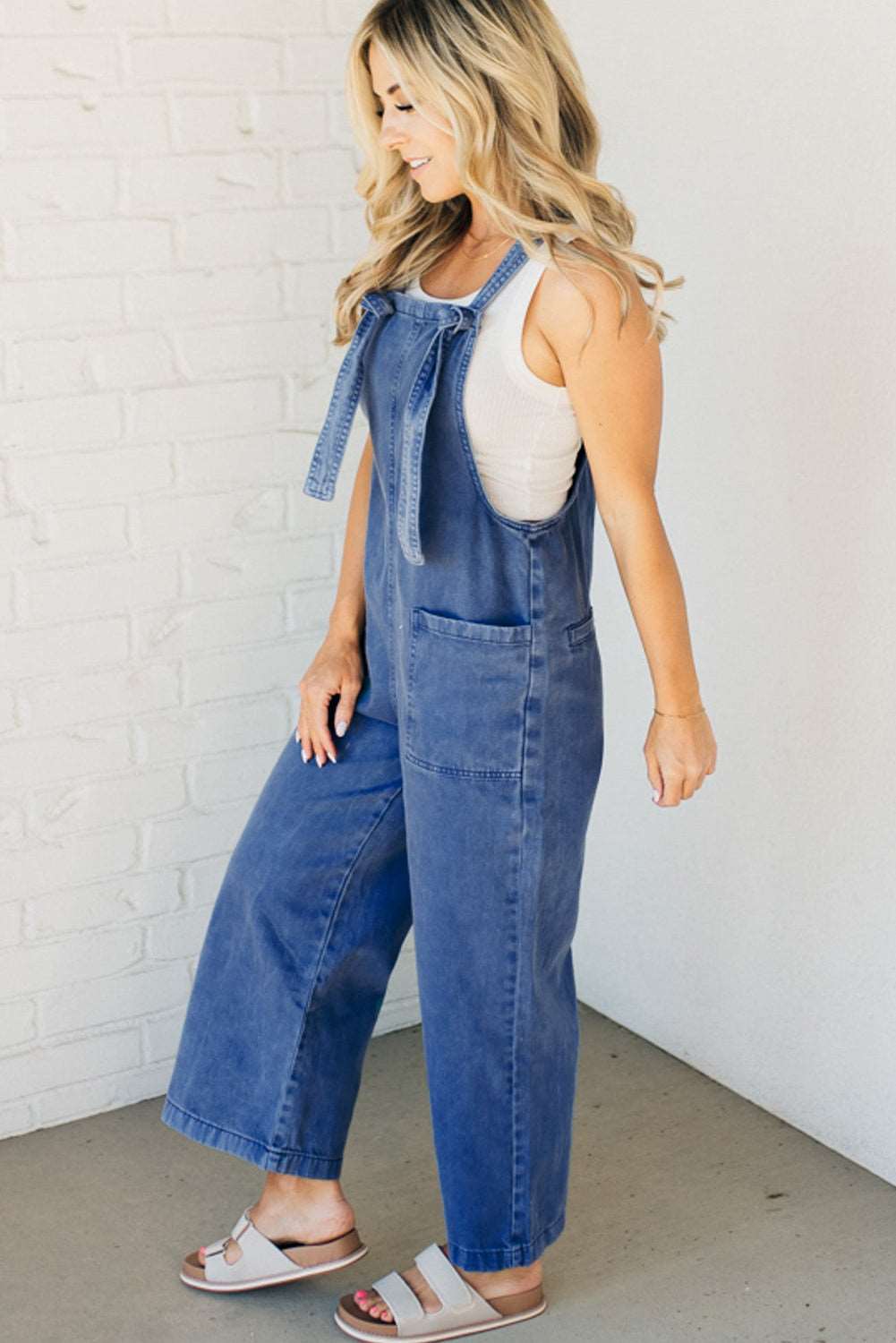 Prussian Blue Wide Leg Denim Jumpsuit - MAD RUFFI