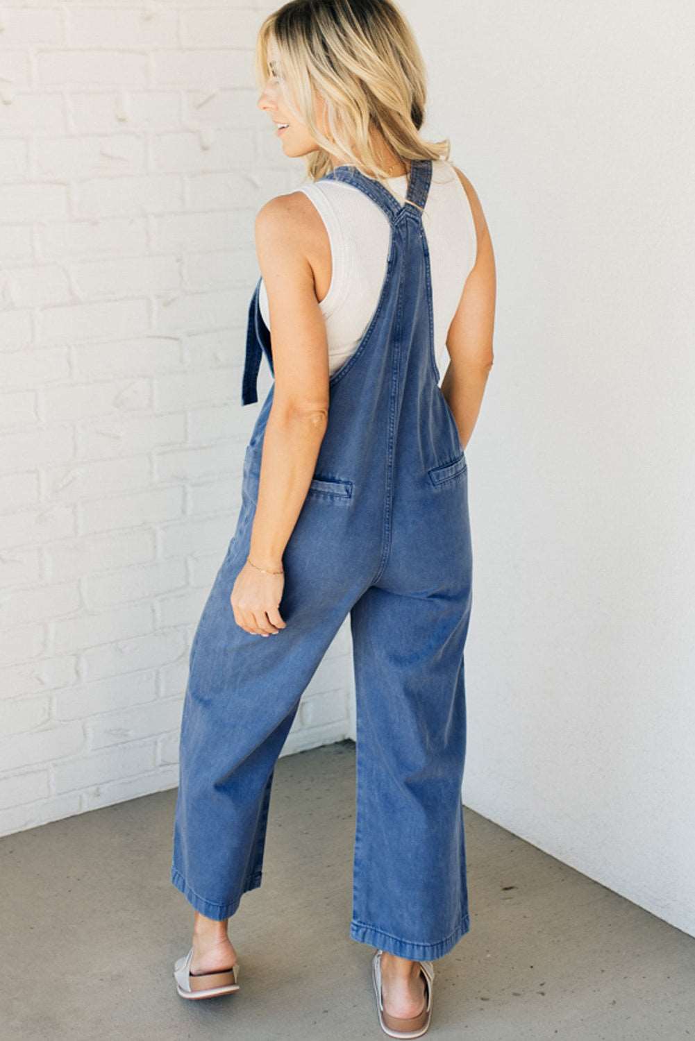 Prussian Blue Wide Leg Denim Jumpsuit - MAD RUFFI