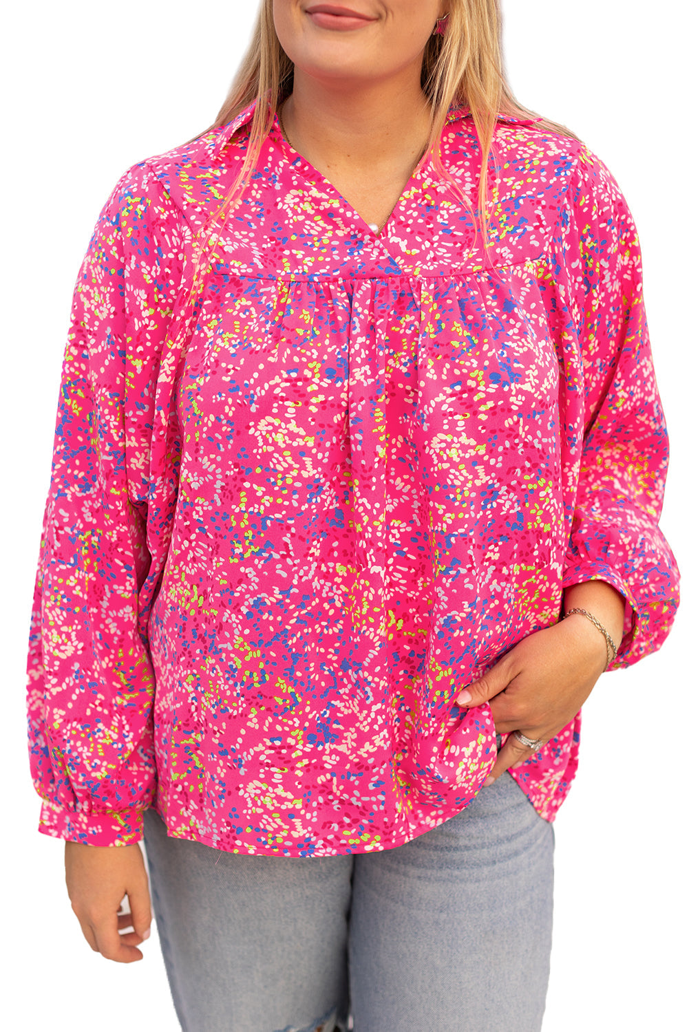 Purple Abstract Print Puff Sleeve V Neck Plus Size Blouse - MAD RUFFI