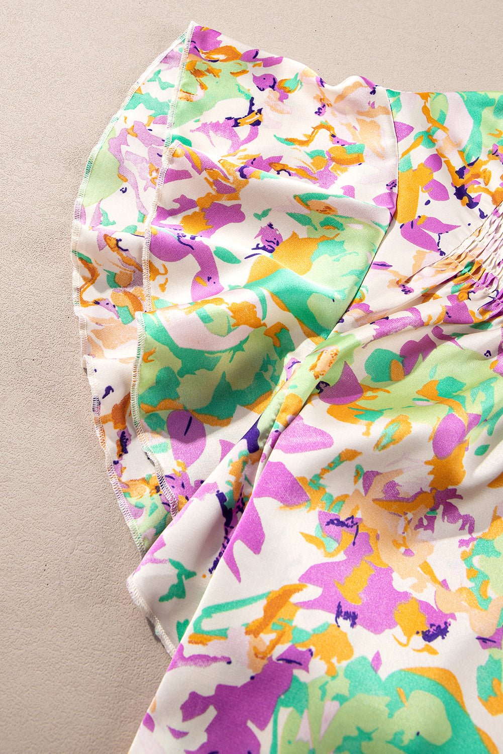 Purple Abstract Print Ruffled Short Sleeve Notched Neck Blouse - MAD RUFFI