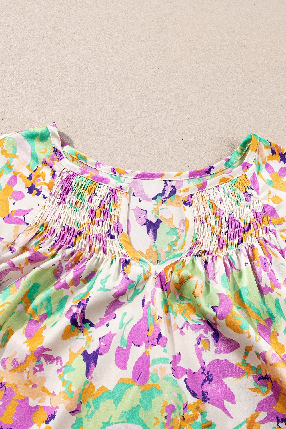 Purple Abstract Print Ruffled Short Sleeve Notched Neck Blouse - MAD RUFFI