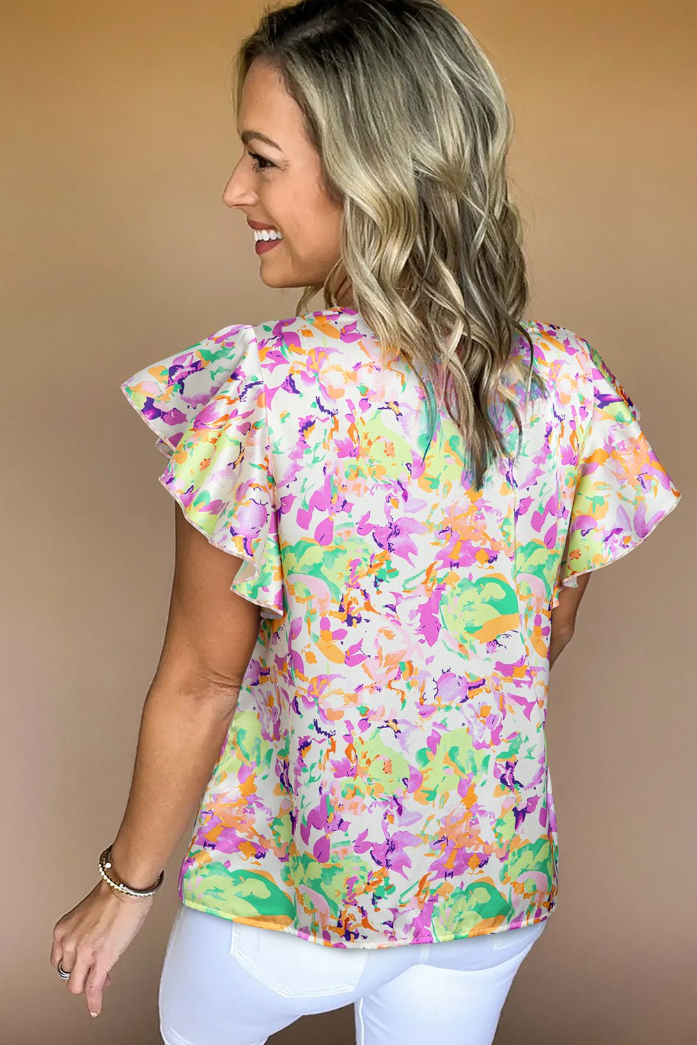 Purple Abstract Print Ruffled Short Sleeve Notched Neck Blouse - MAD RUFFI