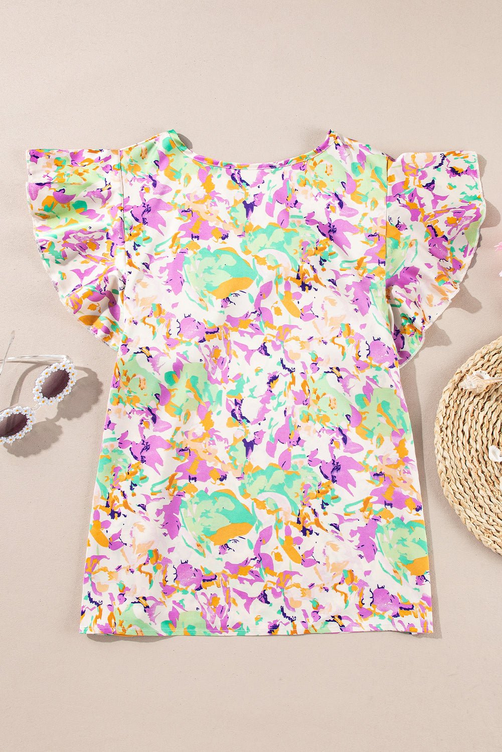 Purple Abstract Print Ruffled Short Sleeve Notched Neck Blouse - MAD RUFFI