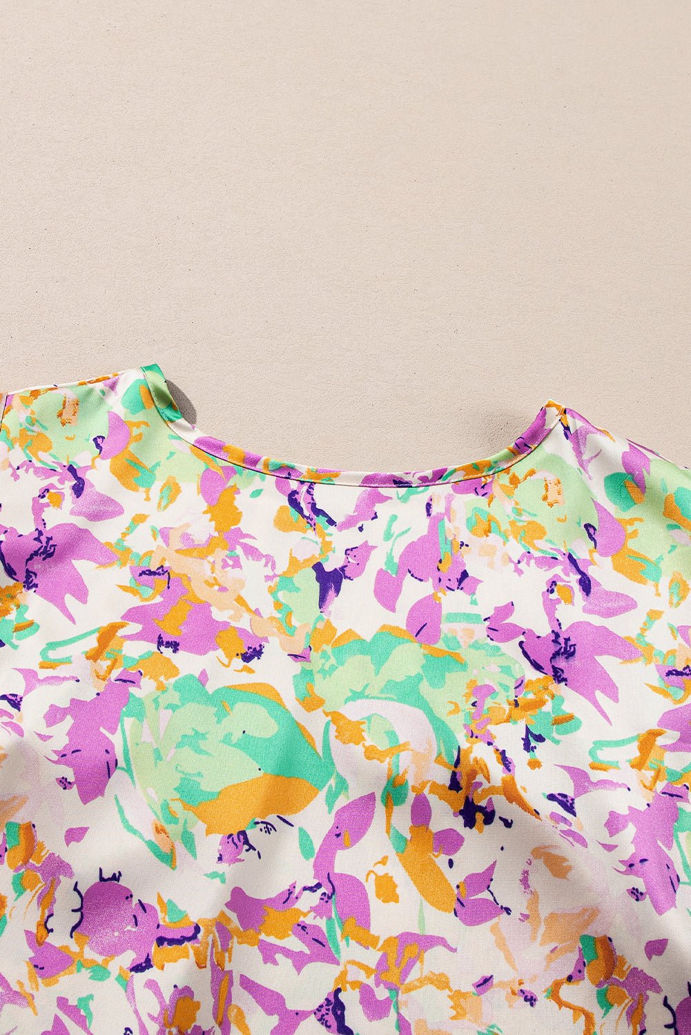 Purple Abstract Print Ruffled Short Sleeve Notched Neck Blouse - MAD RUFFI