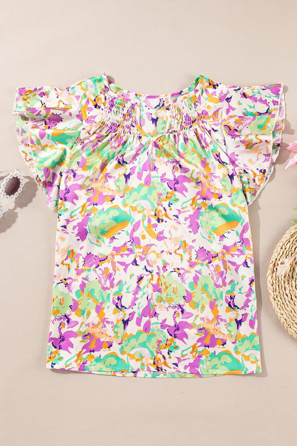 Purple Abstract Print Ruffled Short Sleeve Notched Neck Blouse - MAD RUFFI