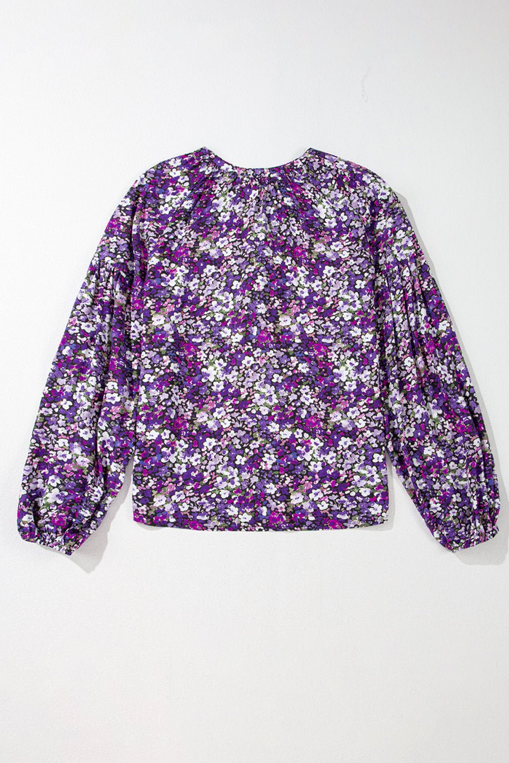 Purple Boho Ditsy Floral Split V Neck Bubble Sleeve Blouse - MAD RUFFI