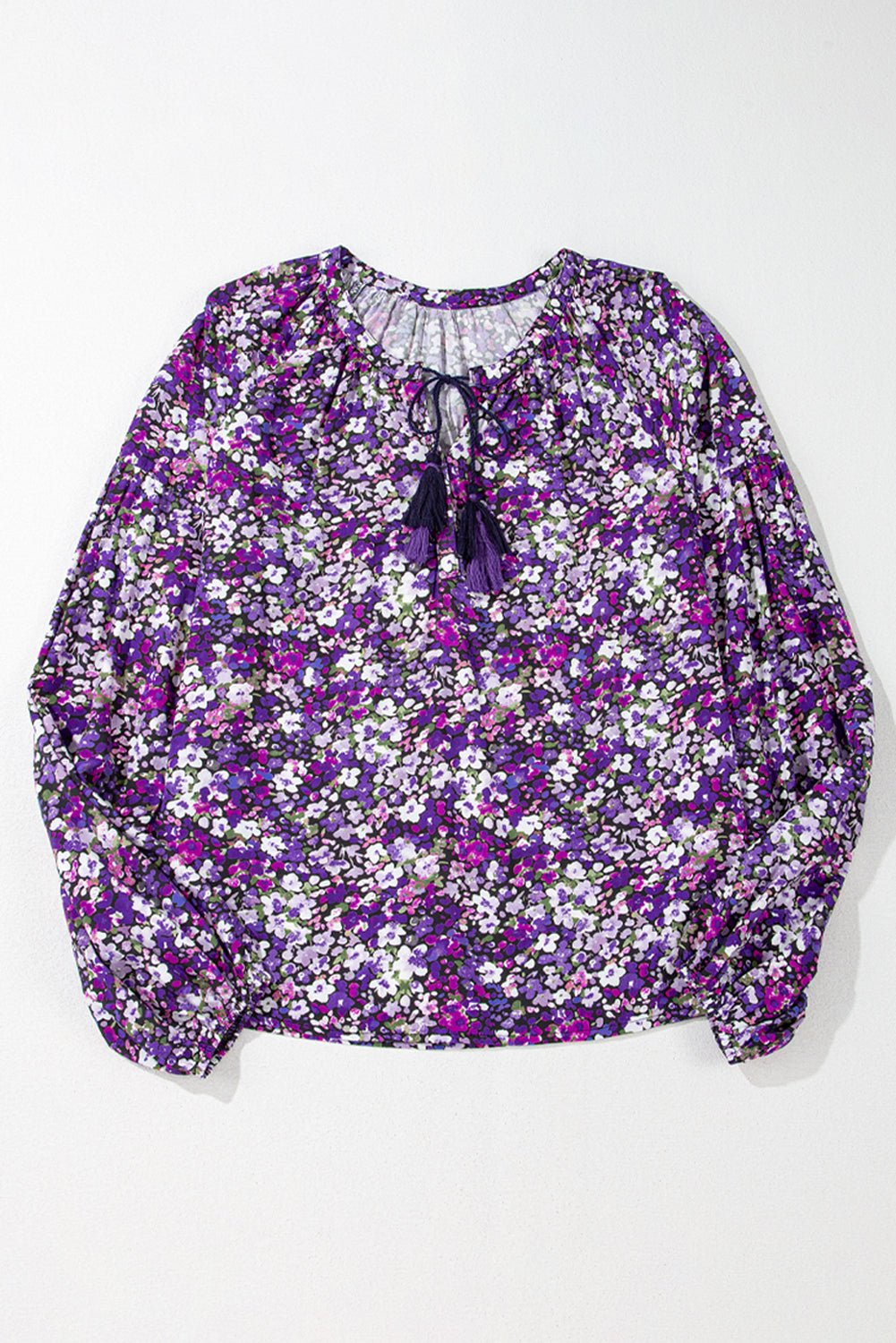 Purple Boho Ditsy Floral Split V Neck Bubble Sleeve Blouse - MAD RUFFI