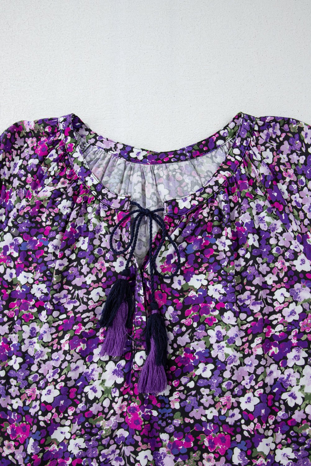 Purple Boho Ditsy Floral Split V Neck Bubble Sleeve Blouse - MAD RUFFI