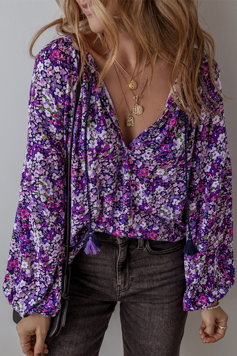 Purple Boho Ditsy Floral Split V Neck Bubble Sleeve Blouse - MAD RUFFI