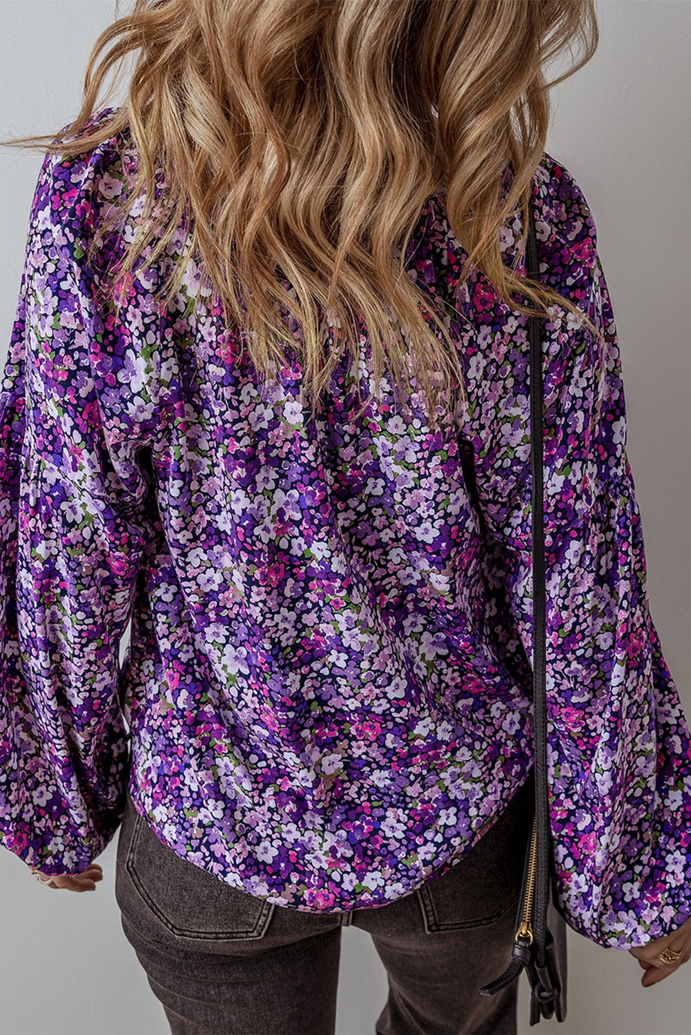 Purple Boho Ditsy Floral Split V Neck Bubble Sleeve Blouse - MAD RUFFI