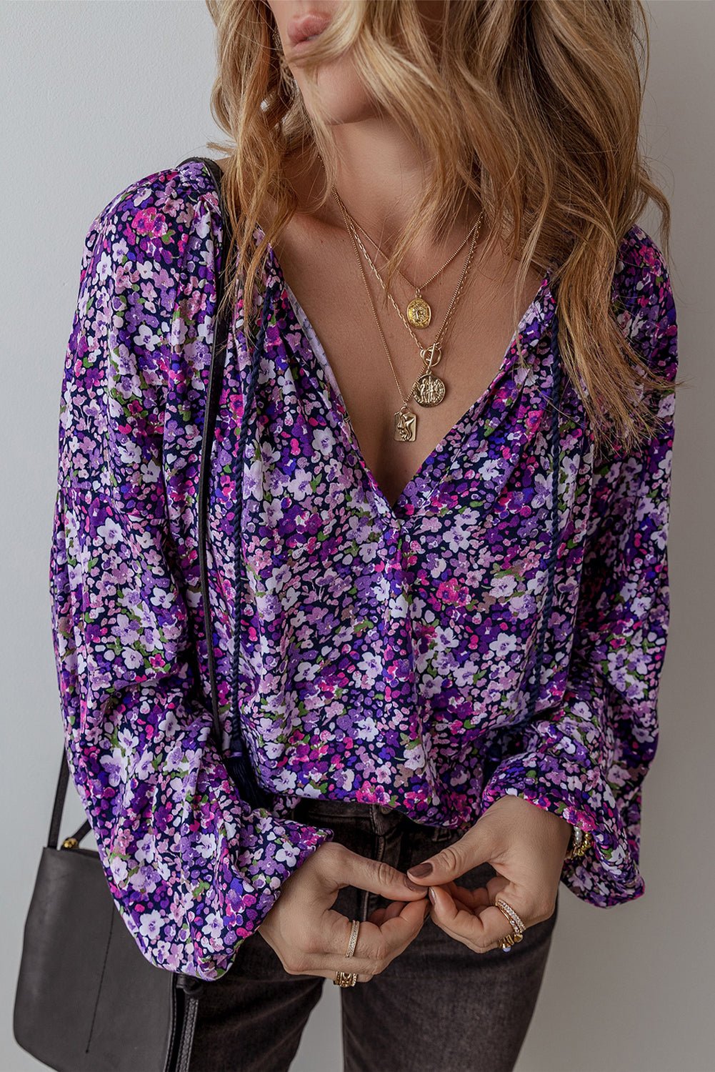 Purple Boho Ditsy Floral Split V Neck Bubble Sleeve Blouse - MAD RUFFI