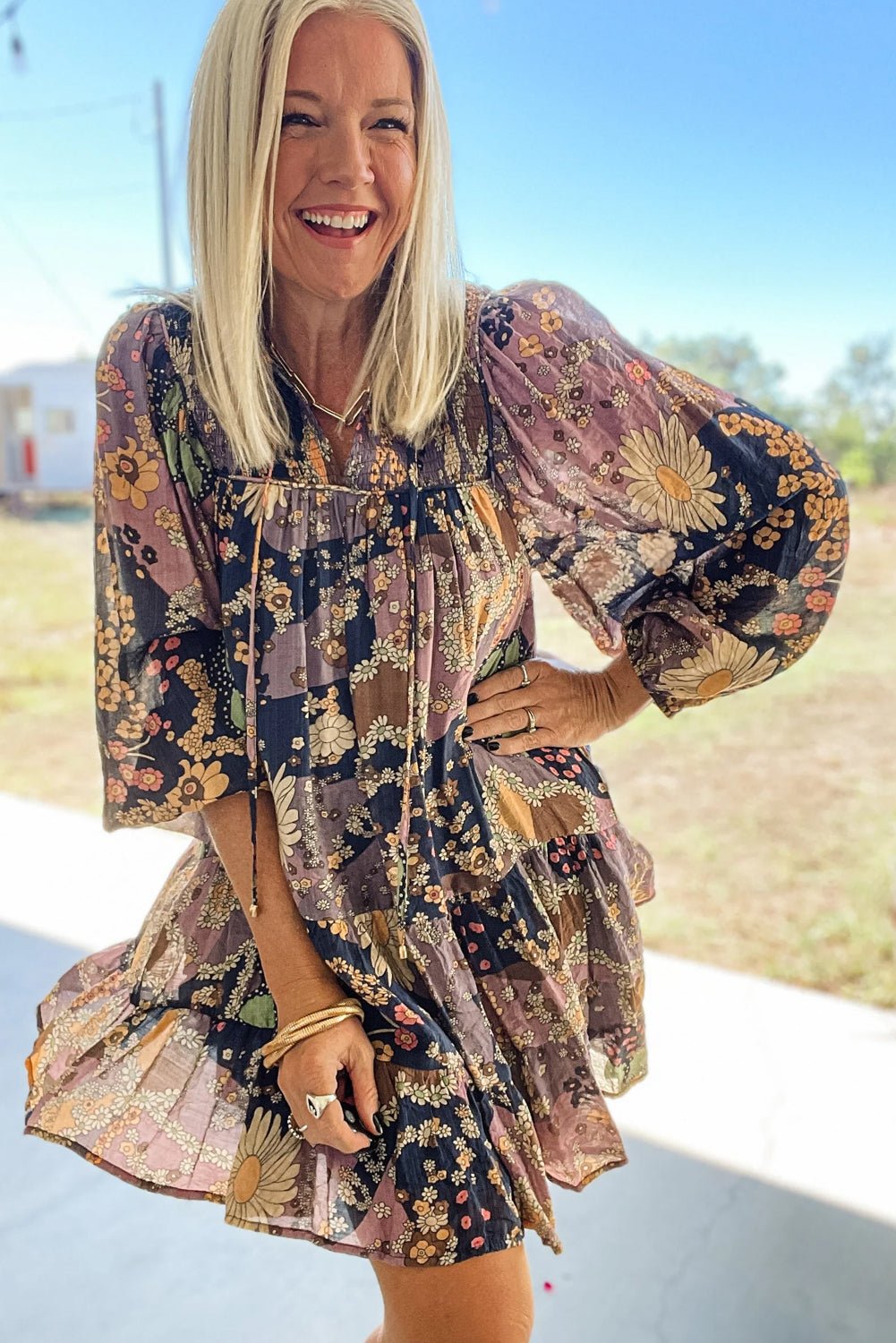 Purple Boho Floral Print Puff Sleeve Flowy Mini Dress - MAD RUFFI Purple Boho Floral Print Puff Sleeve Flowy Mini Dress - MAD RUFFI