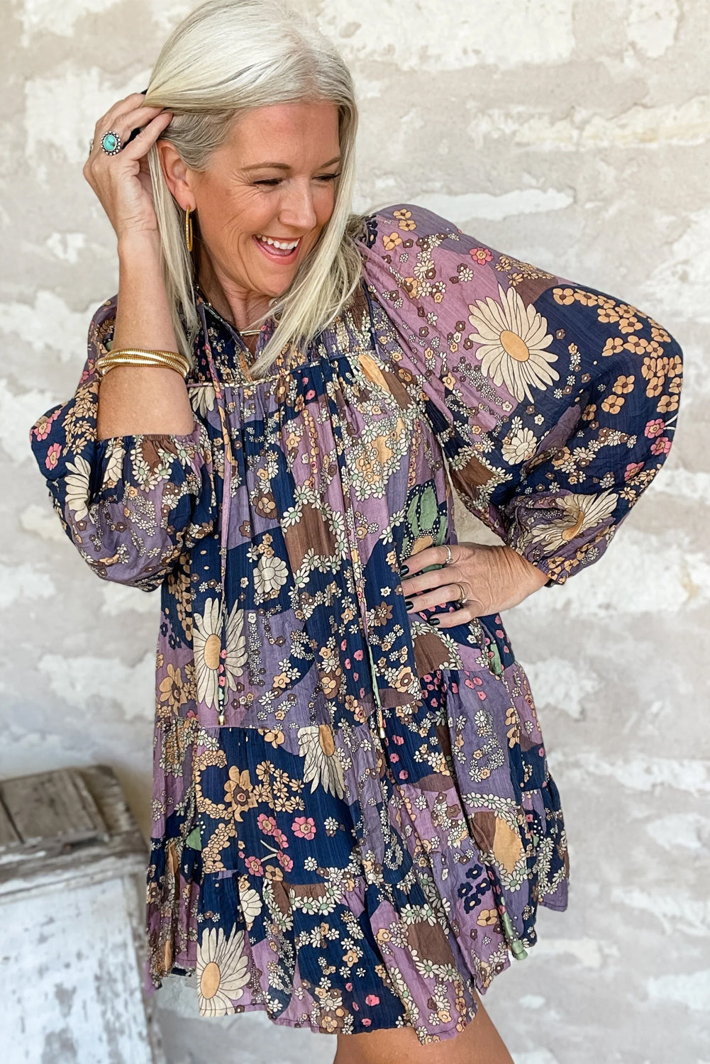 Purple Boho Floral Print Puff Sleeve Flowy Mini Dress - MAD RUFFI