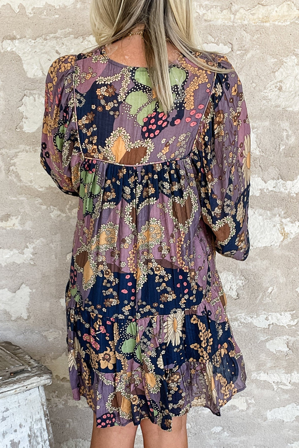 Purple Boho Floral Print Puff Sleeve Flowy Mini Dress - MAD RUFFI