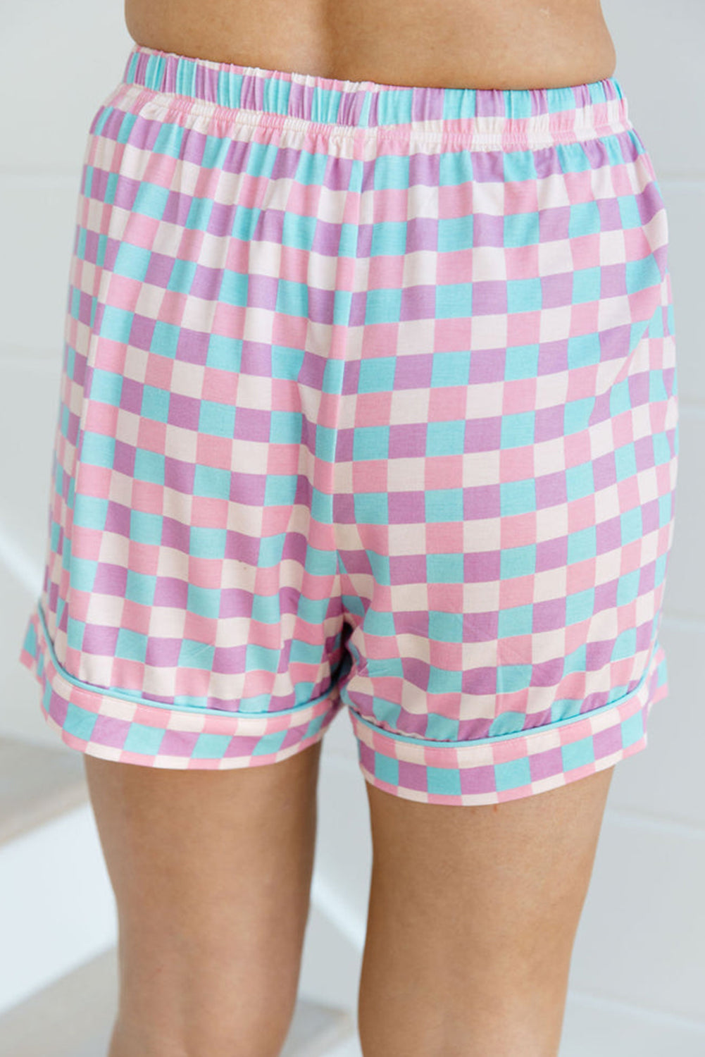 Purple Checkered Pattern Short Sleeve Pajamas Set - MAD RUFFI