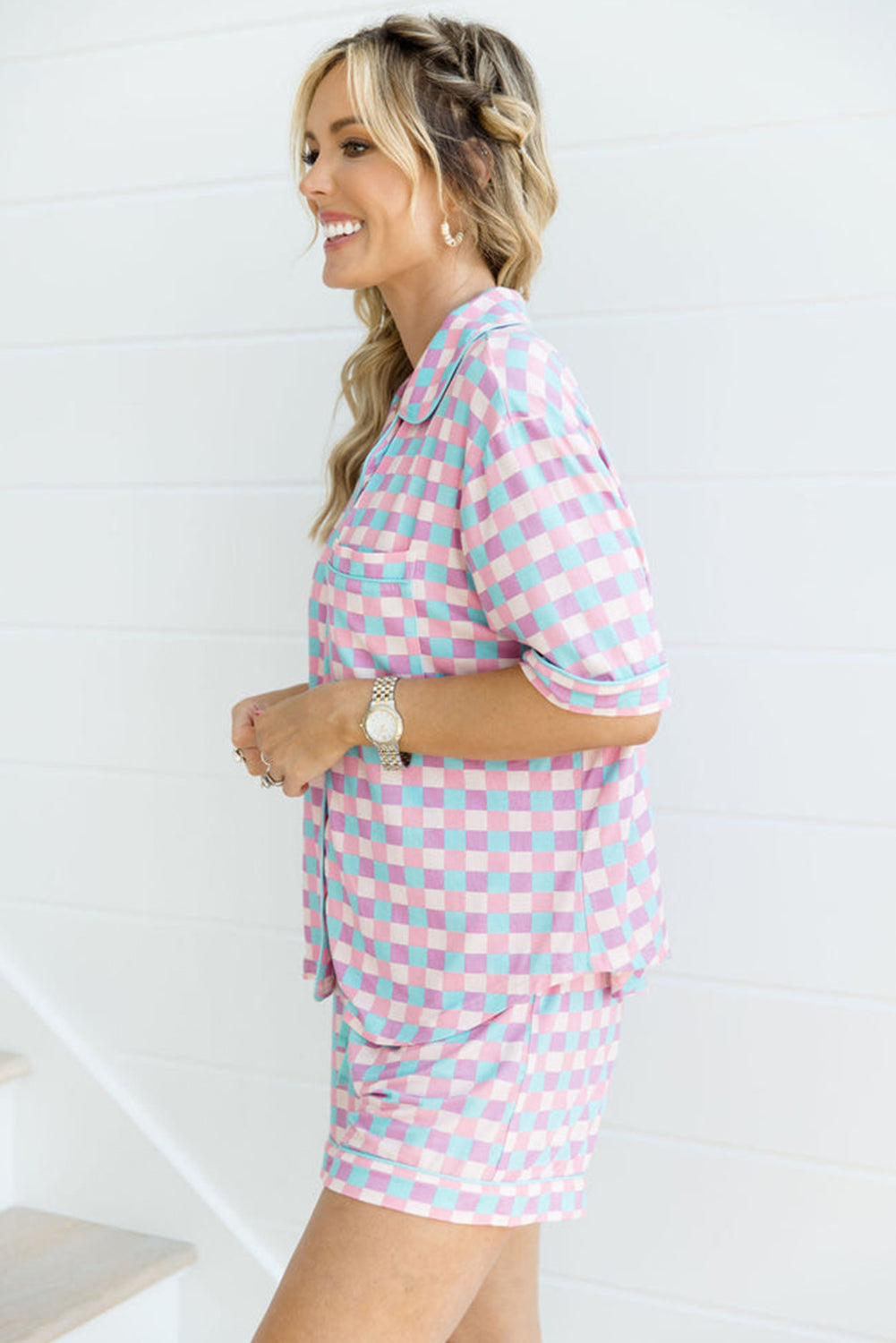 Purple Checkered Pattern Short Sleeve Pajamas Set - MAD RUFFI