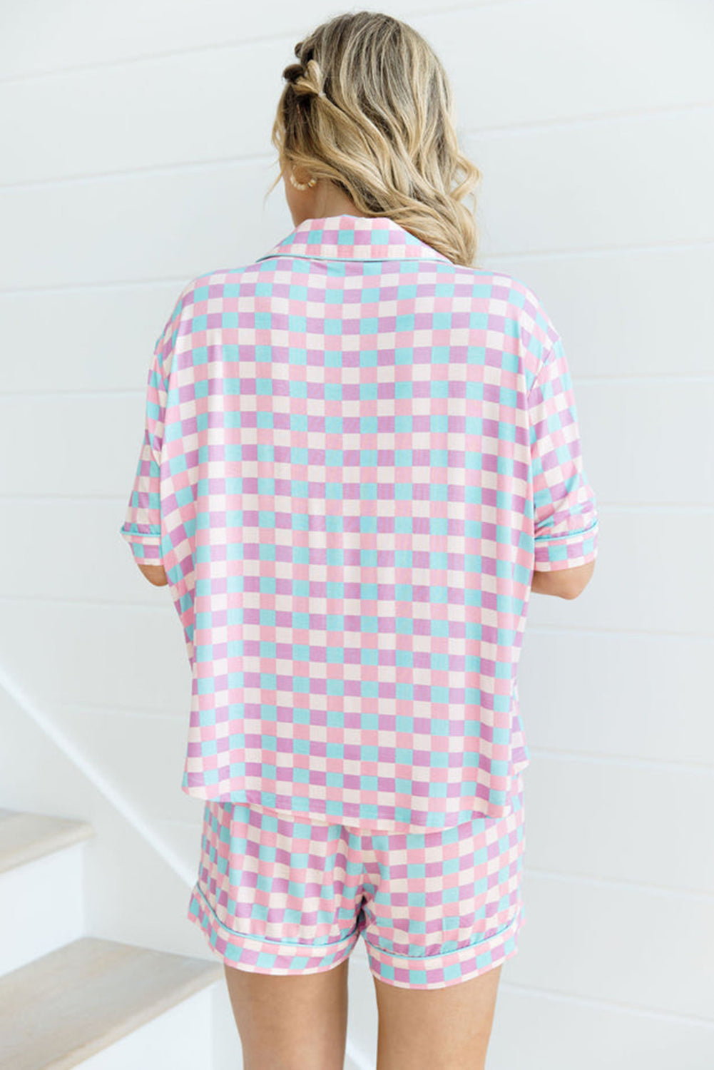 Purple Checkered Pattern Short Sleeve Pajamas Set - MAD RUFFI