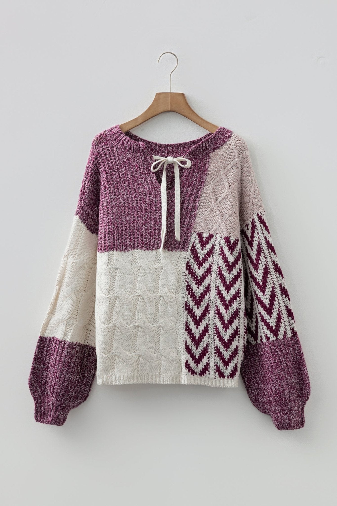 Purple Color Block Patchwork Knotted Back Loose Fit Sweater - MAD RUFFI