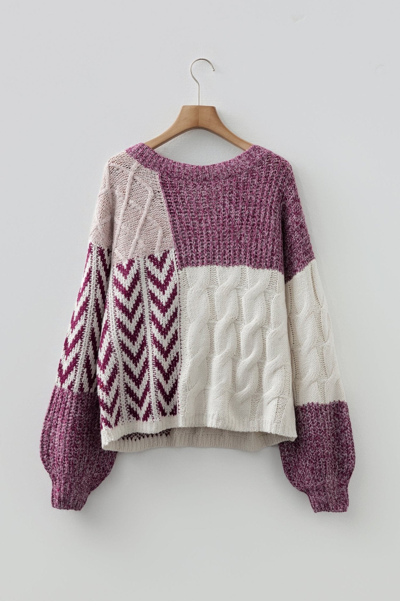 Purple Color Block Patchwork Knotted Back Loose Fit Sweater - MAD RUFFI