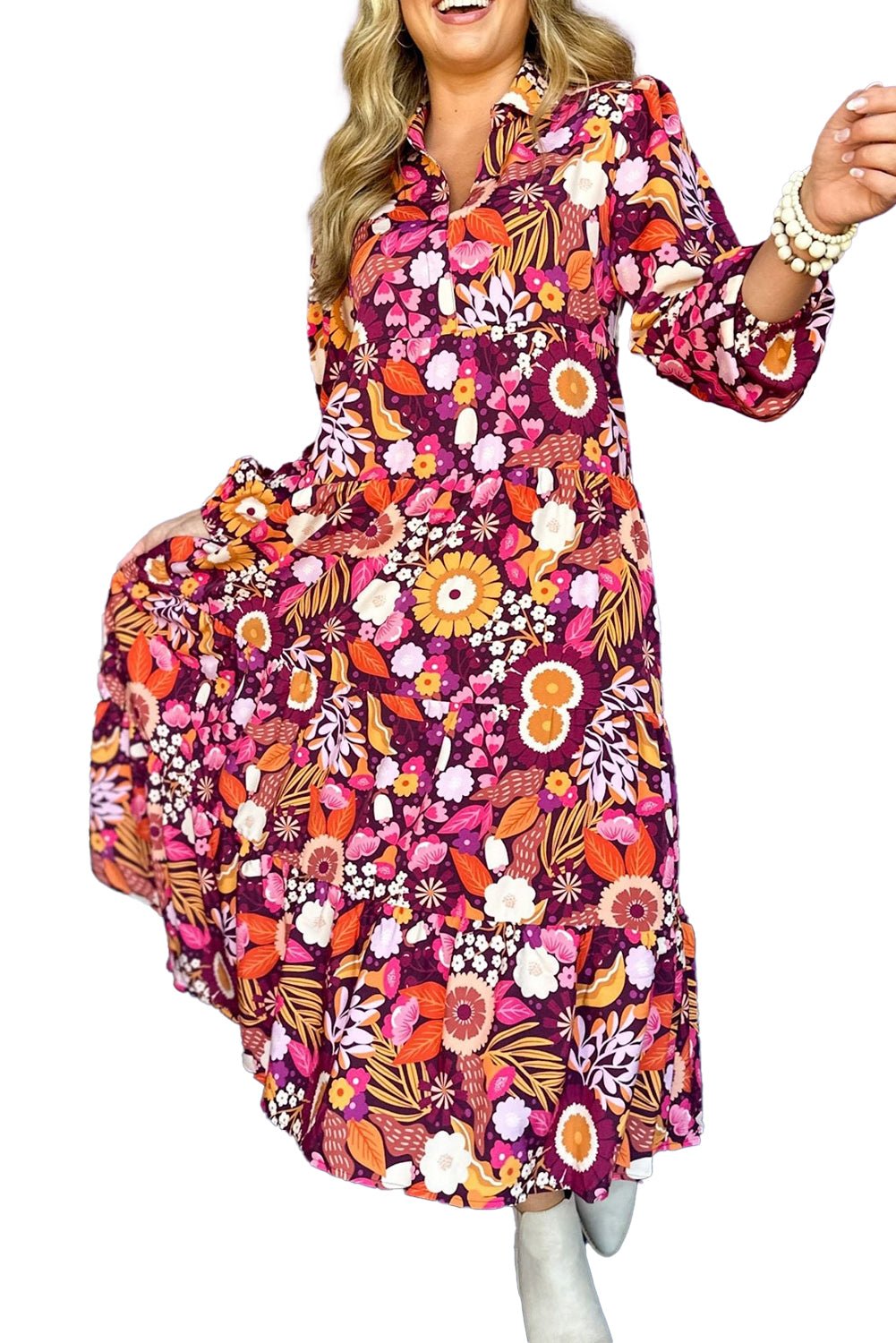 Purple Floral Print Collared Tiered Flowy Long Dress - MAD RUFFI