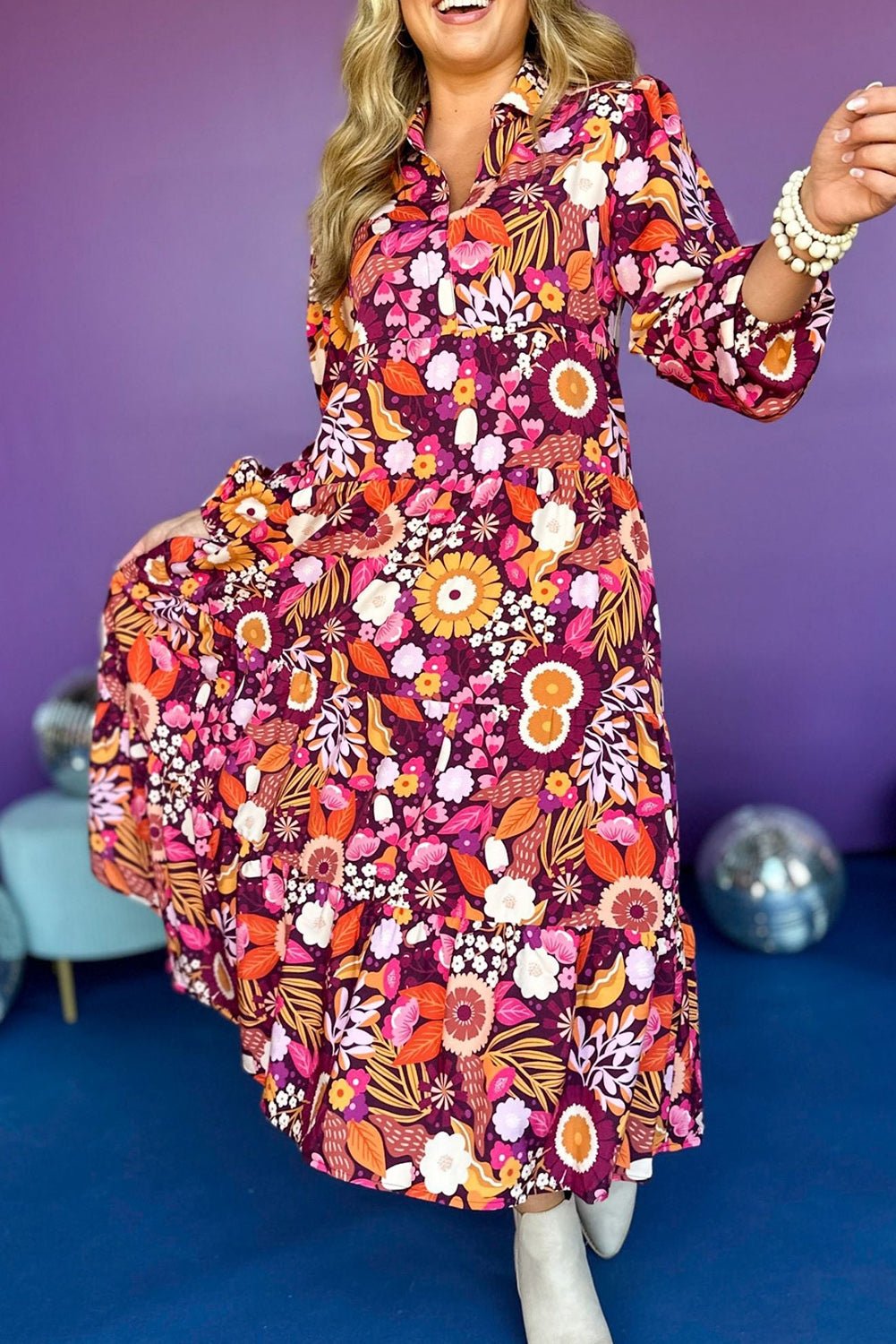 Purple Floral Print Collared Tiered Flowy Long Dress - MAD RUFFI