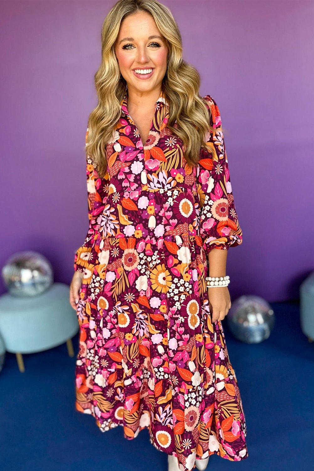 Purple Floral Print Collared Tiered Flowy Long Dress - MAD RUFFI