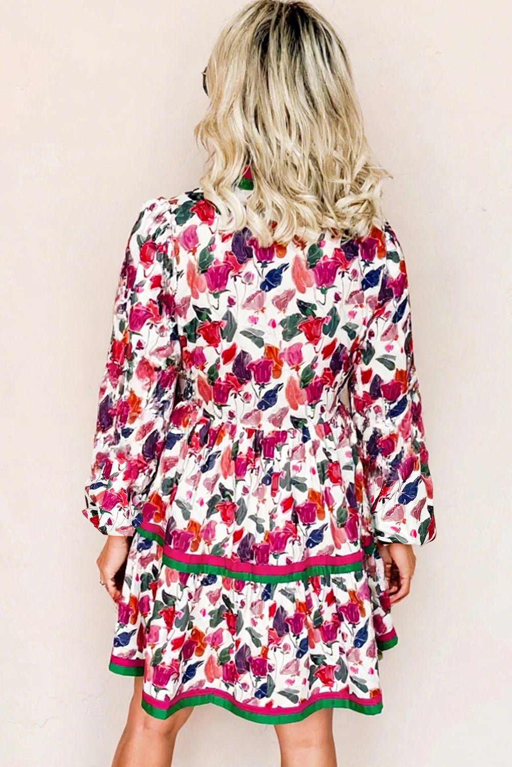 Purple Floral Print Contrast Striped Detail Long Sleeve Mini Dress - MAD RUFFI