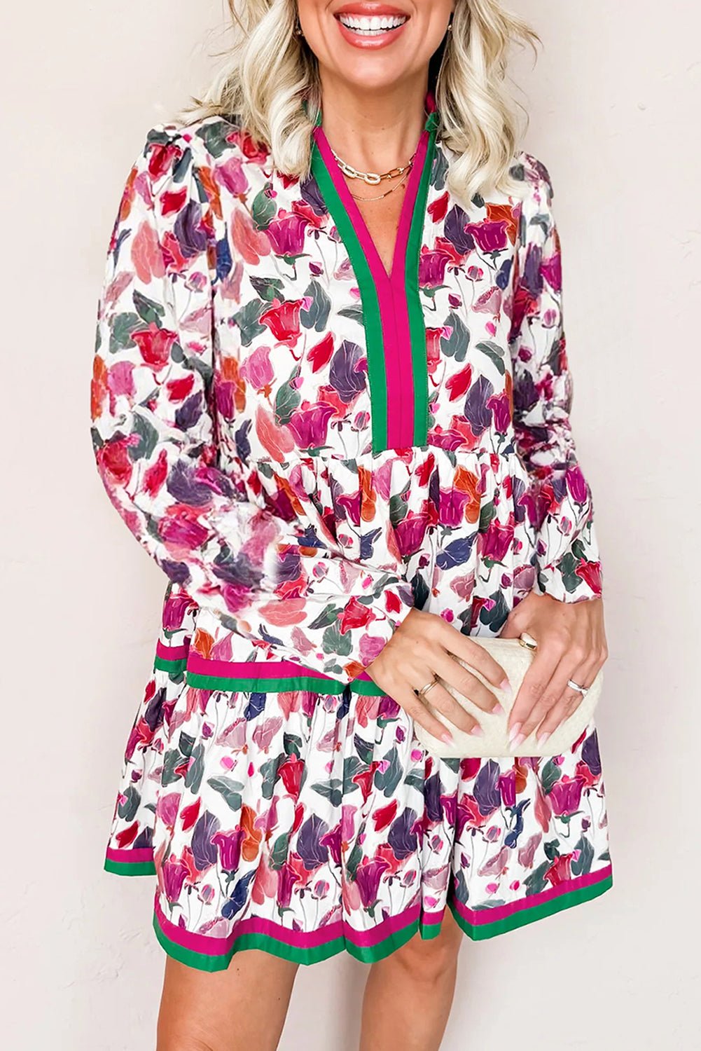 Purple Floral Print Contrast Striped Detail Long Sleeve Mini Dress - MAD RUFFI