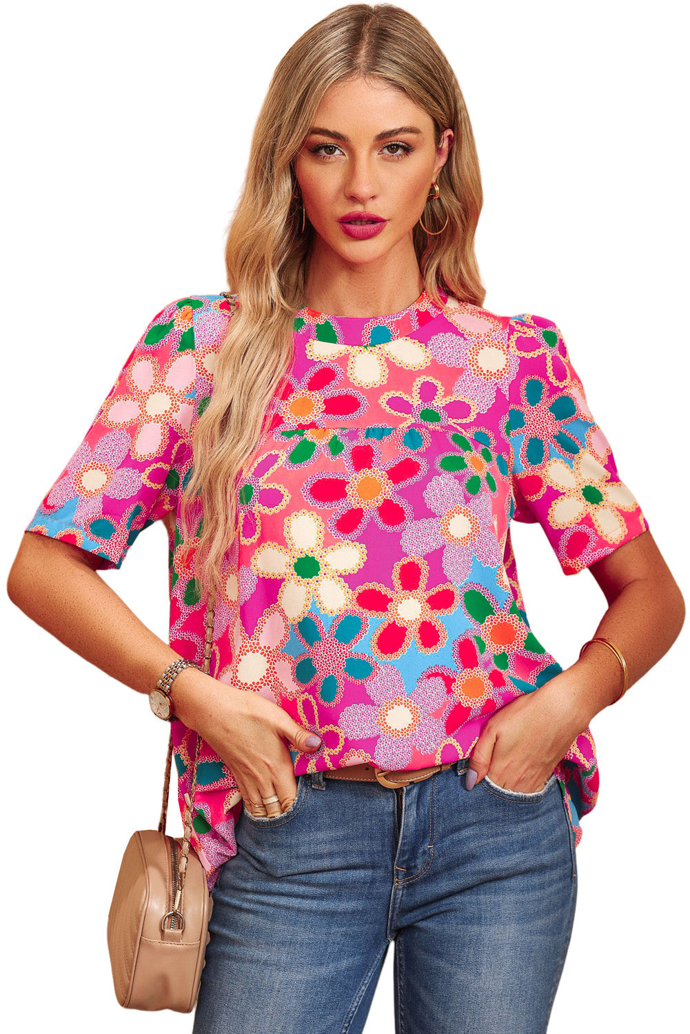 Purple Floral Print Crew Neck Short Sleeve Blouse - MAD RUFFI