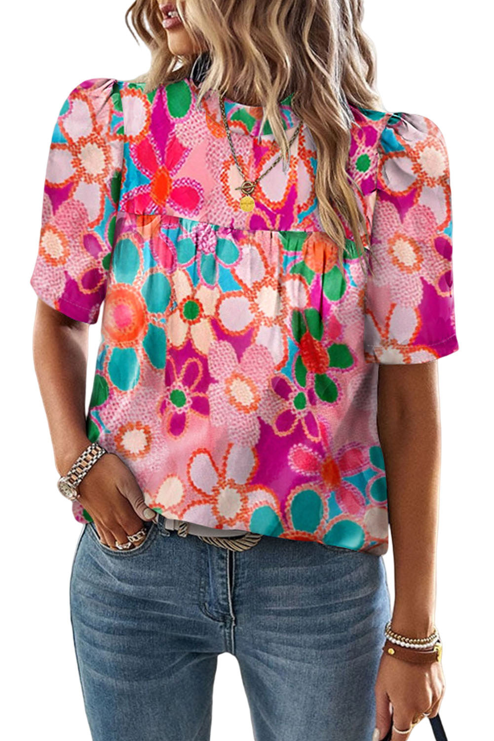 Purple Floral Print Crew Neck Short Sleeve Blouse - MAD RUFFI