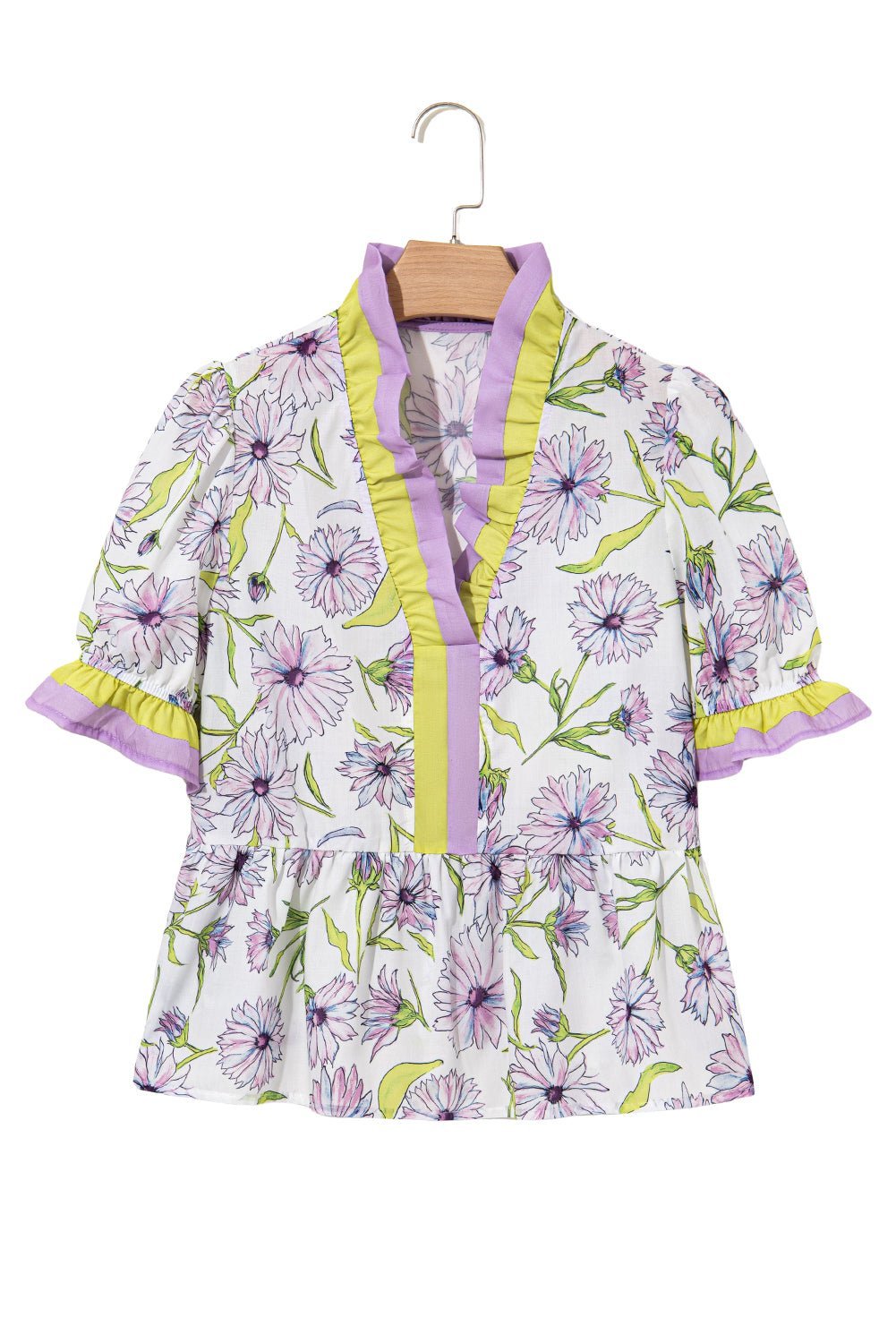 Purple Floral Print Ruffle Pop of Color Neckline Blouse - MAD RUFFI