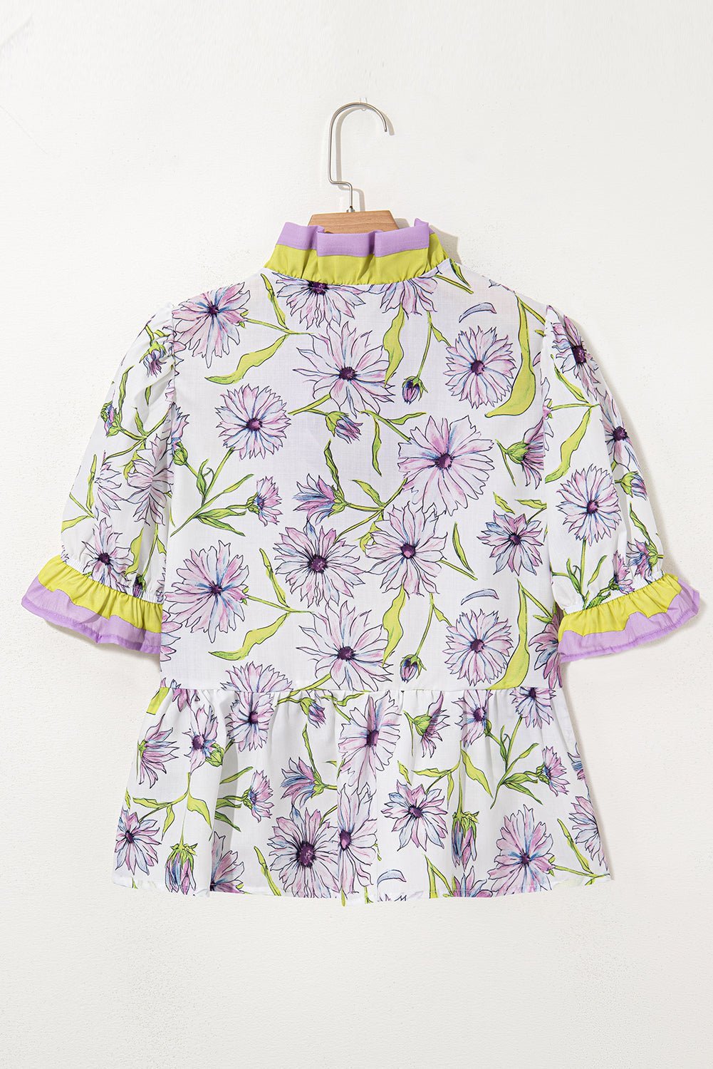 Purple Floral Print Ruffle Pop of Color Neckline Blouse - MAD RUFFI
