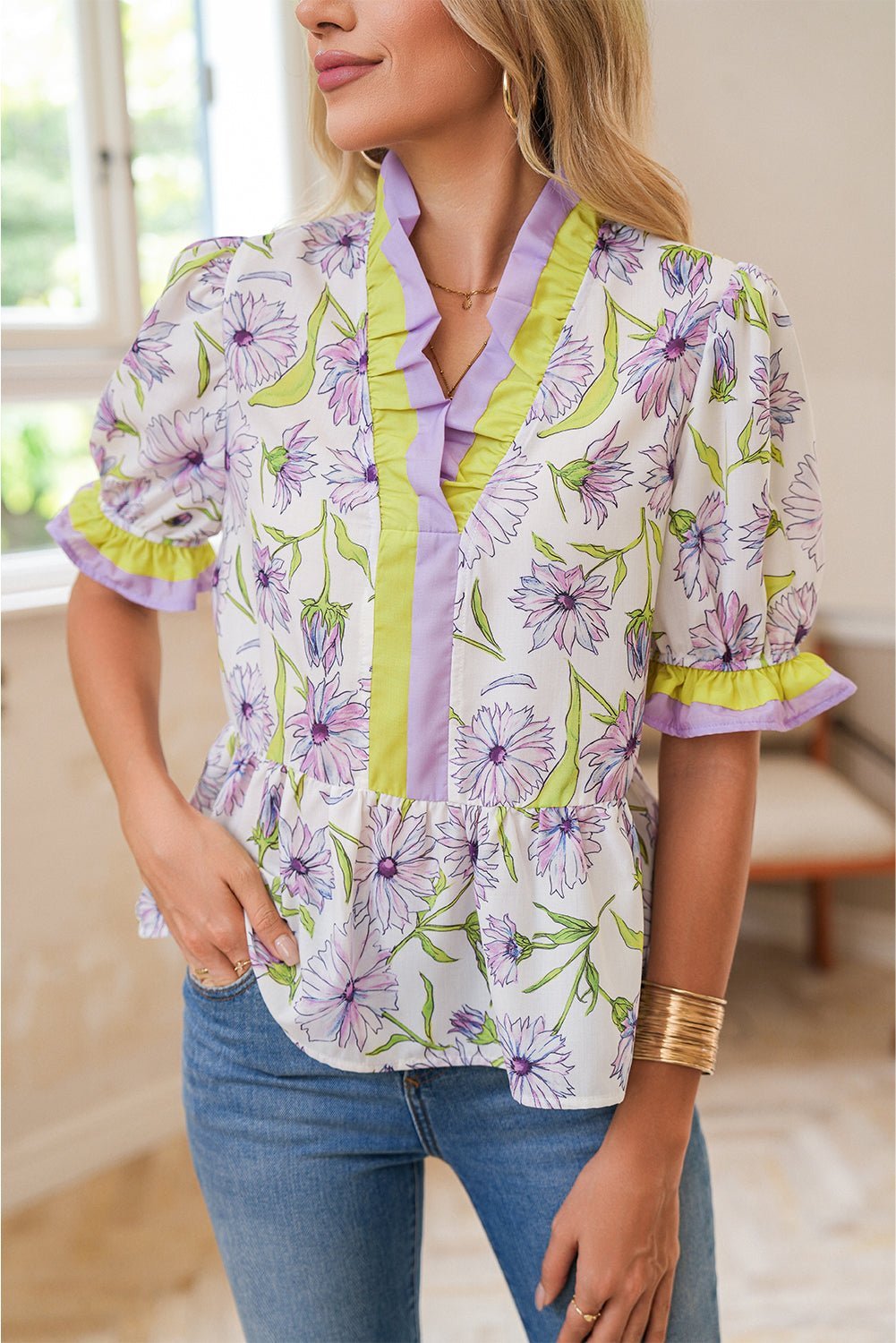 Purple Floral Print Ruffle Pop of Color Neckline Blouse - MAD RUFFI